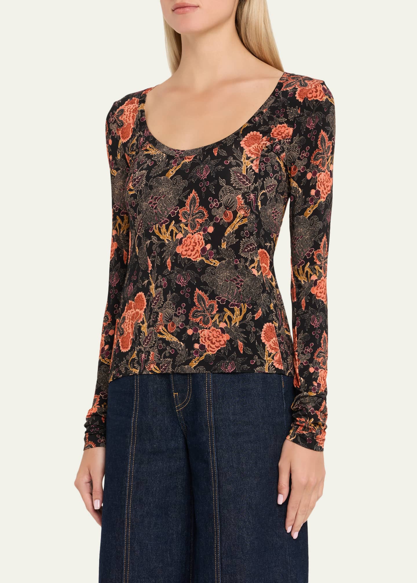 Ulla Johnson Aris Printed Long-Sleeve Jersey Top Image 4 of 5