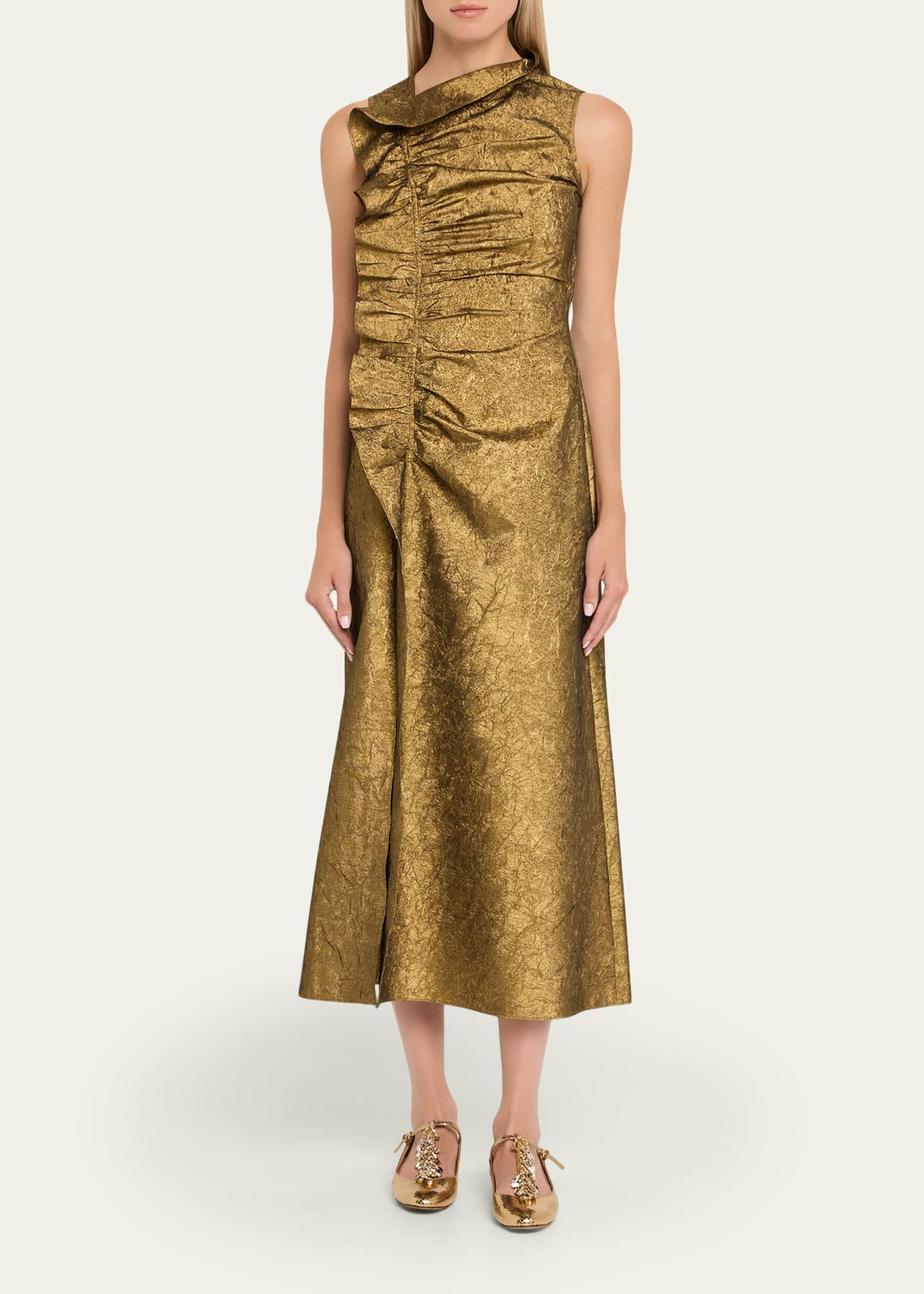 Ulla Johnson Demetria Metallic Sleeveless Ruched Midi Dress Image 2 of 5
