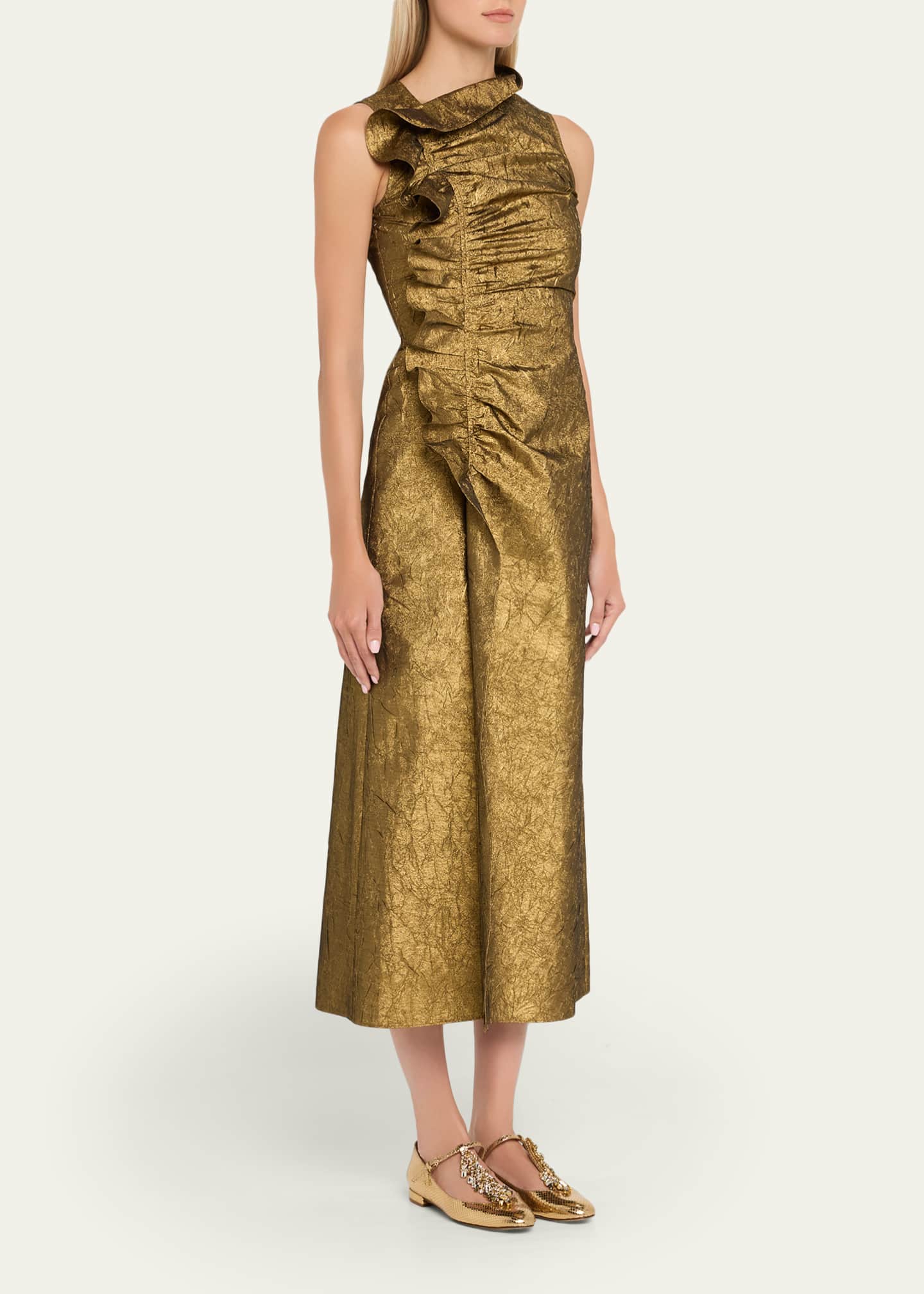 Ulla Johnson Demetria Metallic Sleeveless Ruched Midi Dress Image 4 of 5