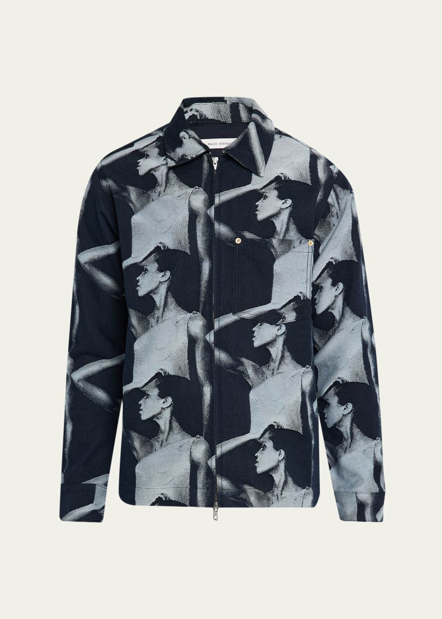 Wales Bonner Men's The Jet Magazine-Print Full-Zip Denim Jacket
