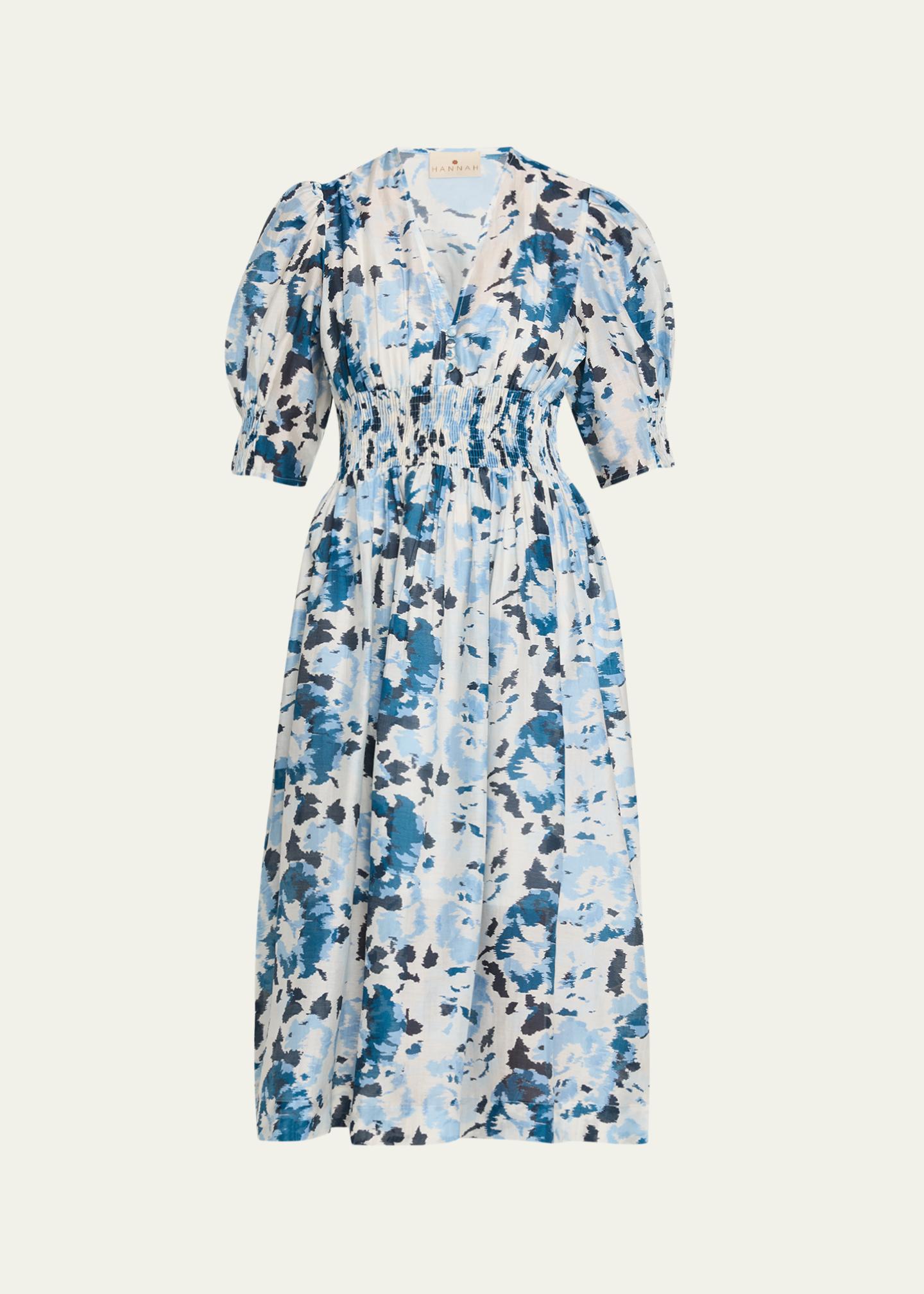 hannah artwear blue dress Sophia Puff-Sleeve Midi 56.1L from shoulder to