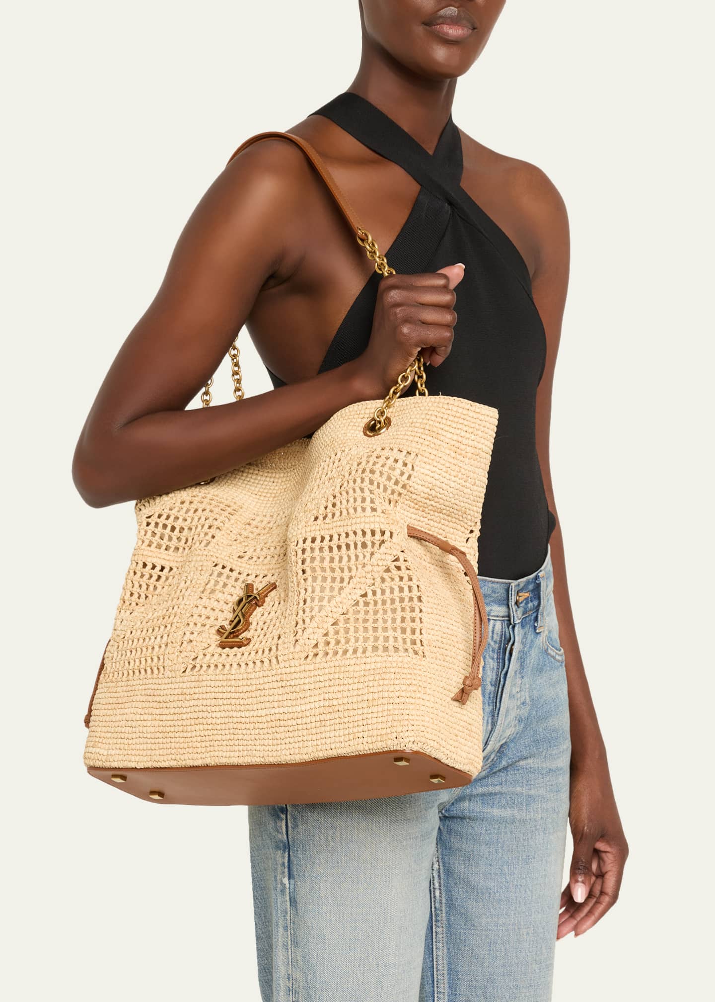 Saint Laurent Jamie YSL Shopper Tote Bag in Woven Raffia