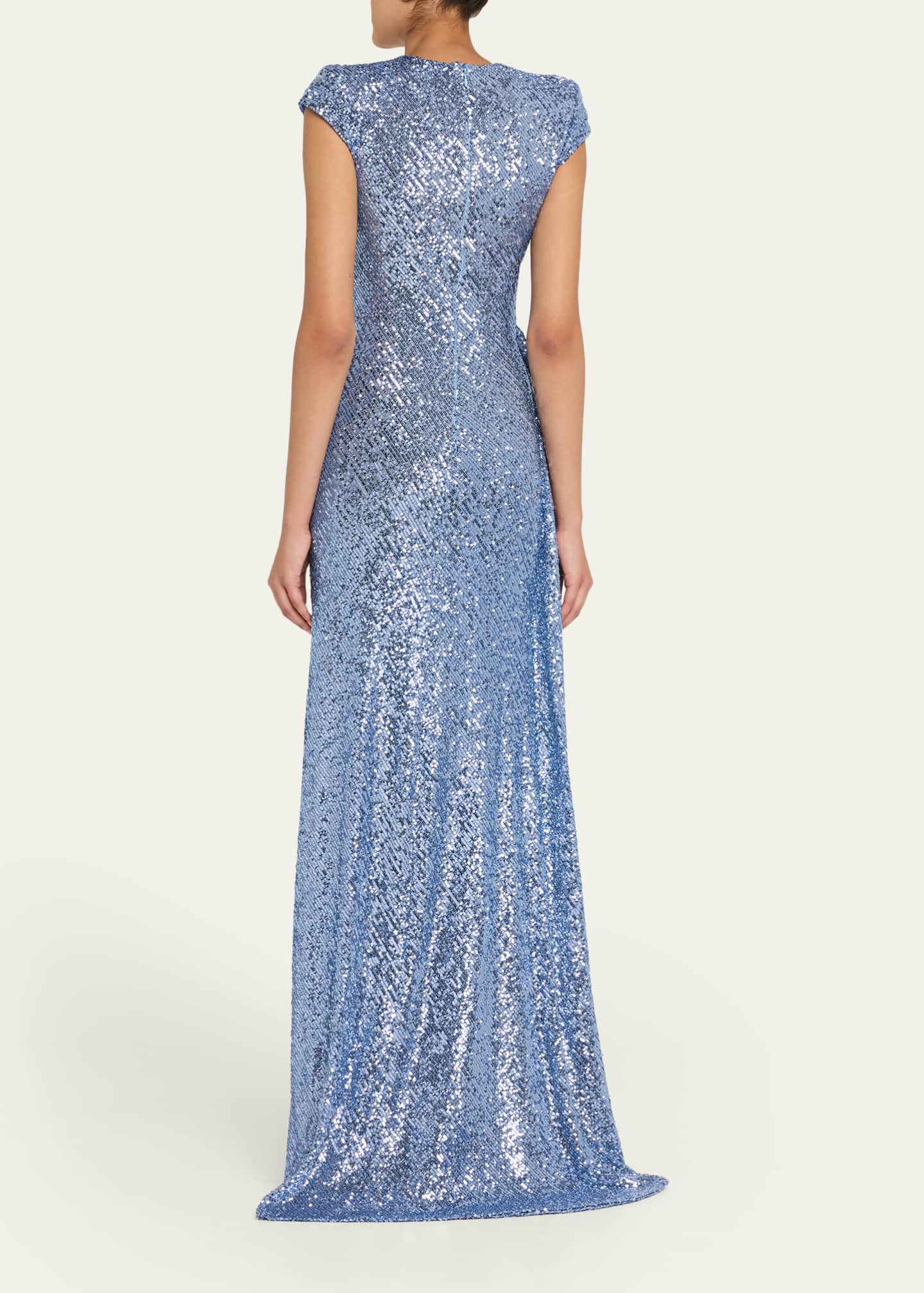 Draped Sequin Cap-Sleeve Gown