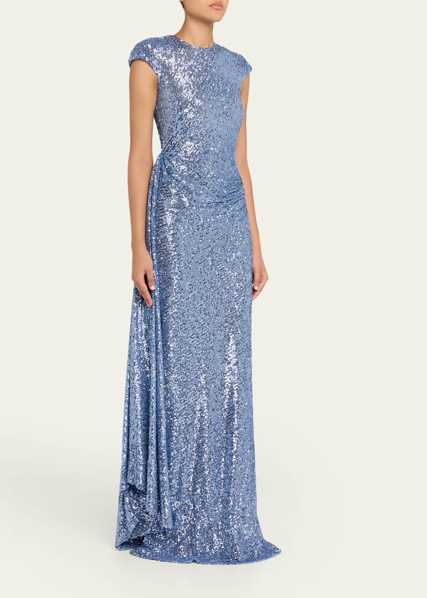 Draped Sequin Cap-Sleeve Gown