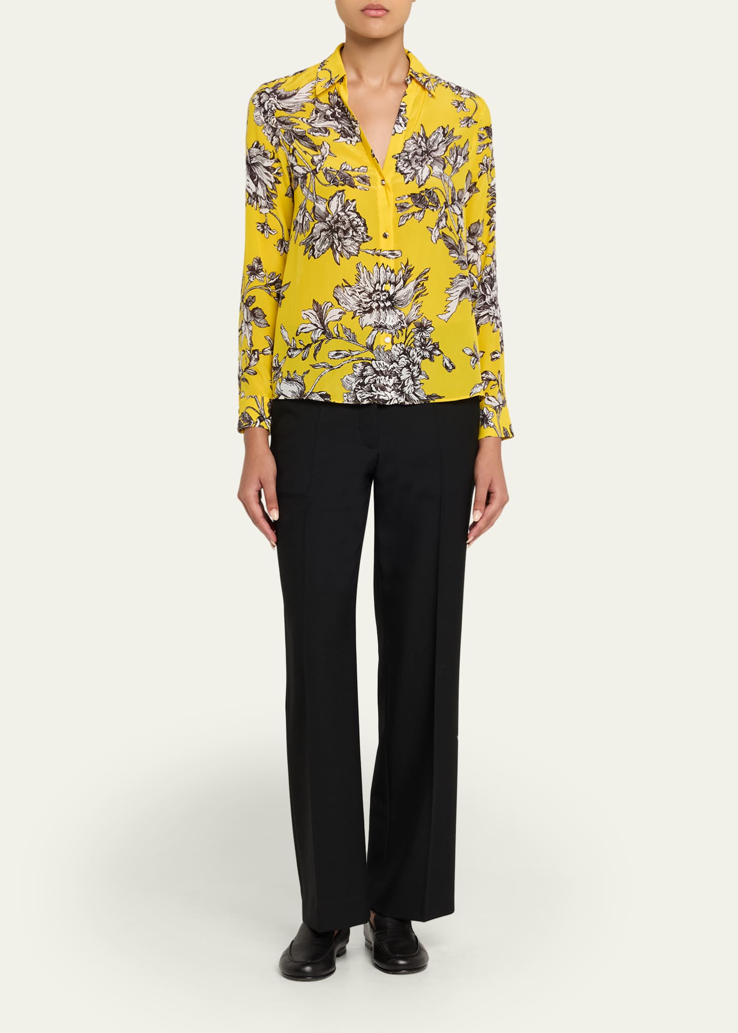 Eloise Blooming Wild Golden Button-Front Silk Blouse