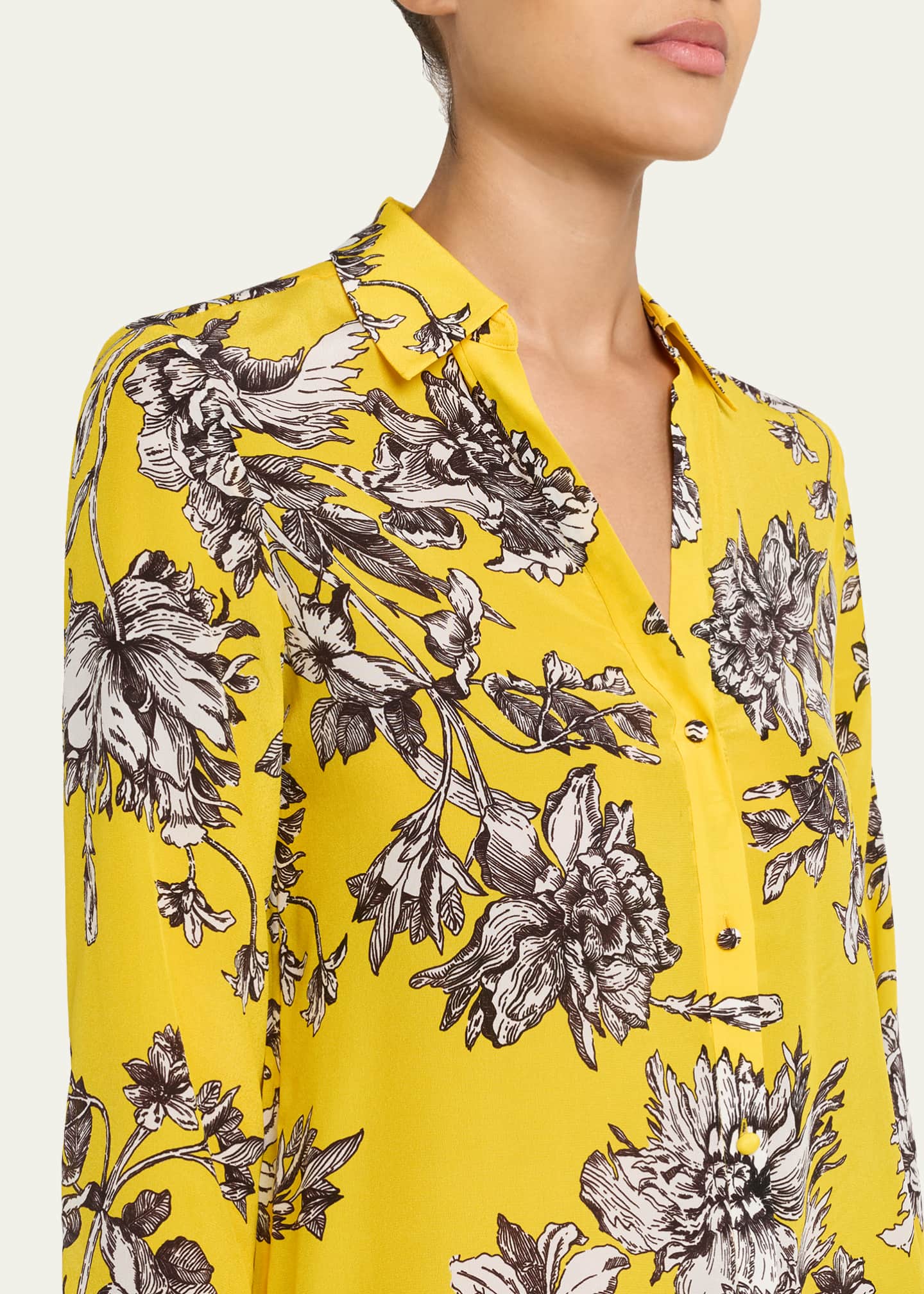 Eloise Blooming Wild Golden Button-Front Silk Blouse