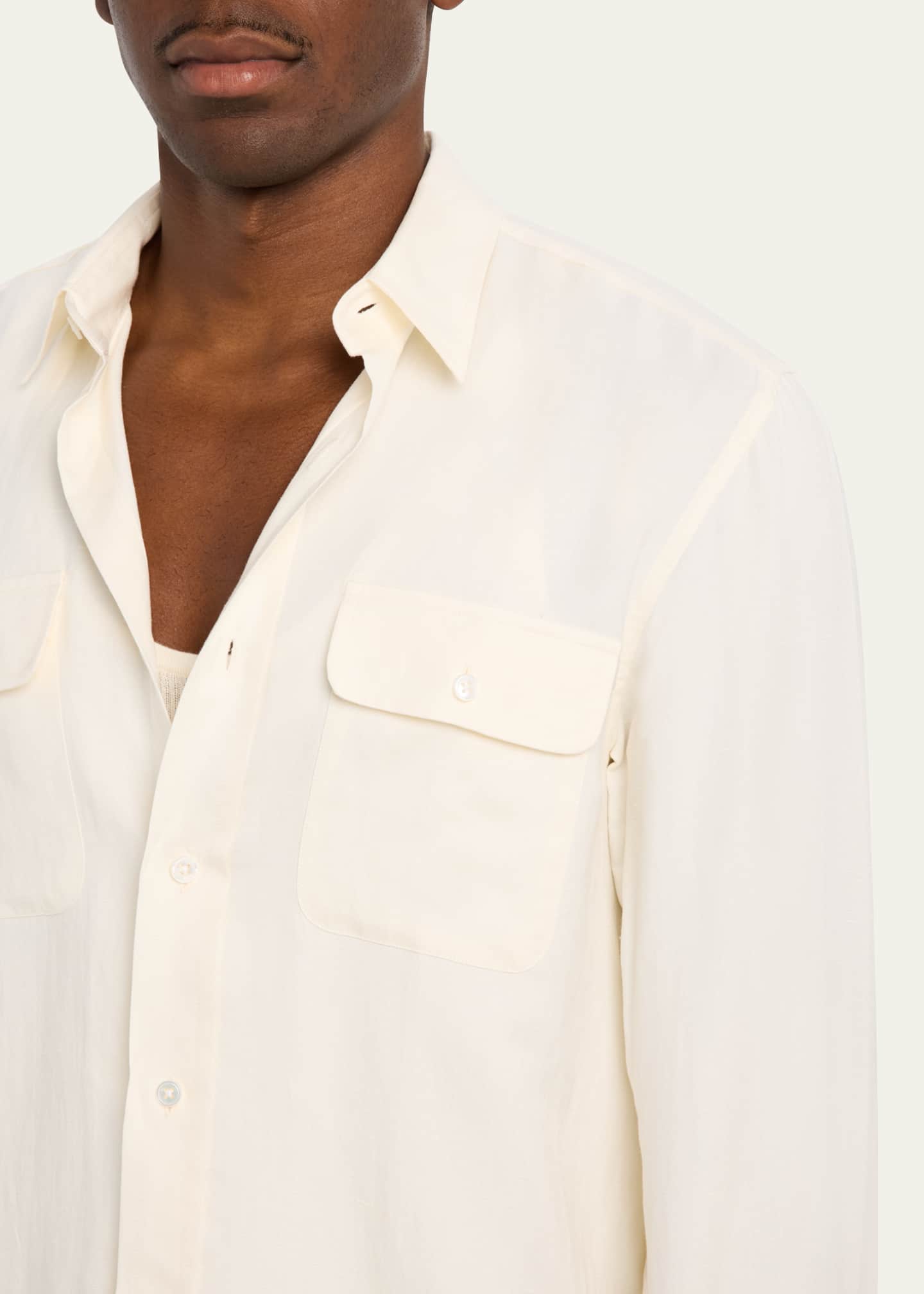 Ralph Lauren Purple Label Silk-Linen Shirt, Cream, Men's, Large, Shirts Tops Casual Button Down Shirts