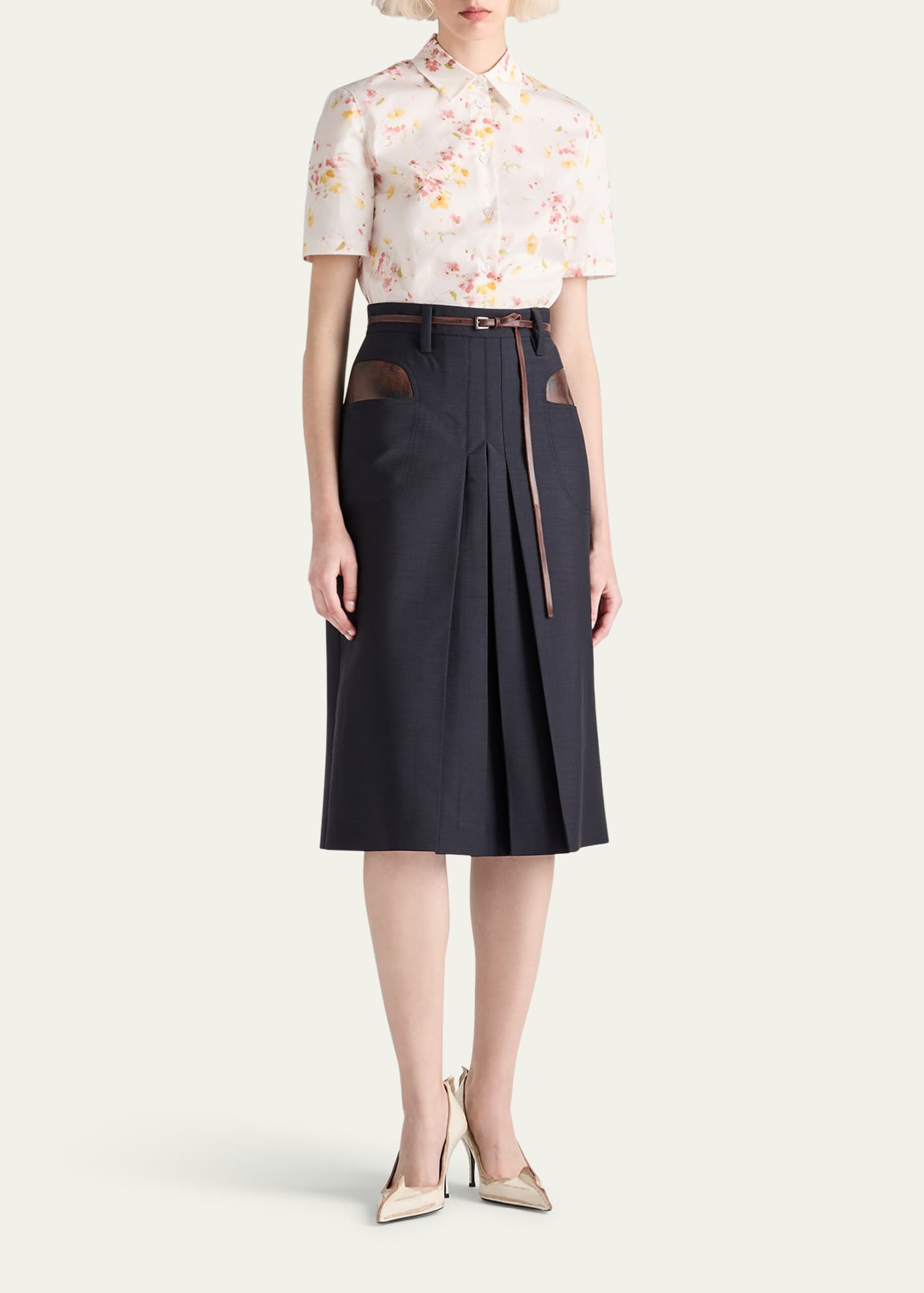 Prada Bouquet Poplin Short-Sleeve Button-Down Blouse Image 2 of 3