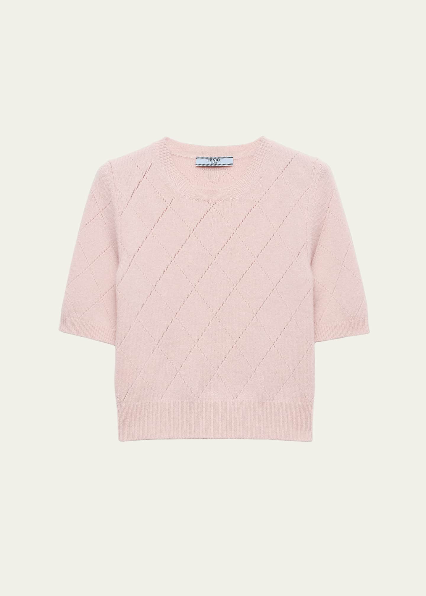 Prada Cashmere Argyle Pointelle Knit Short-Sleeve Sweater