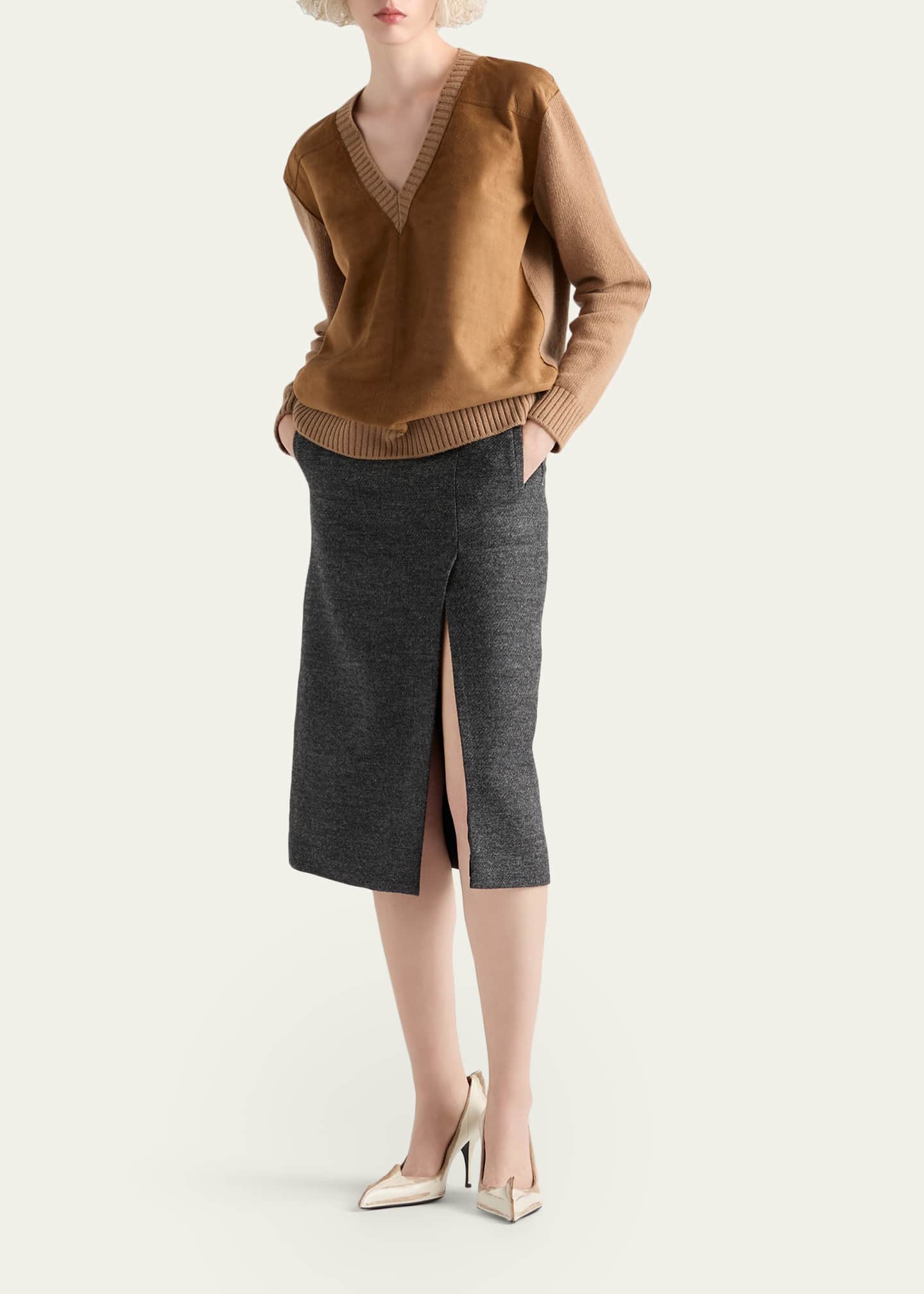 Prada Suede-Front V-Neck Cashmere Sweater - Bergdorf Goodman