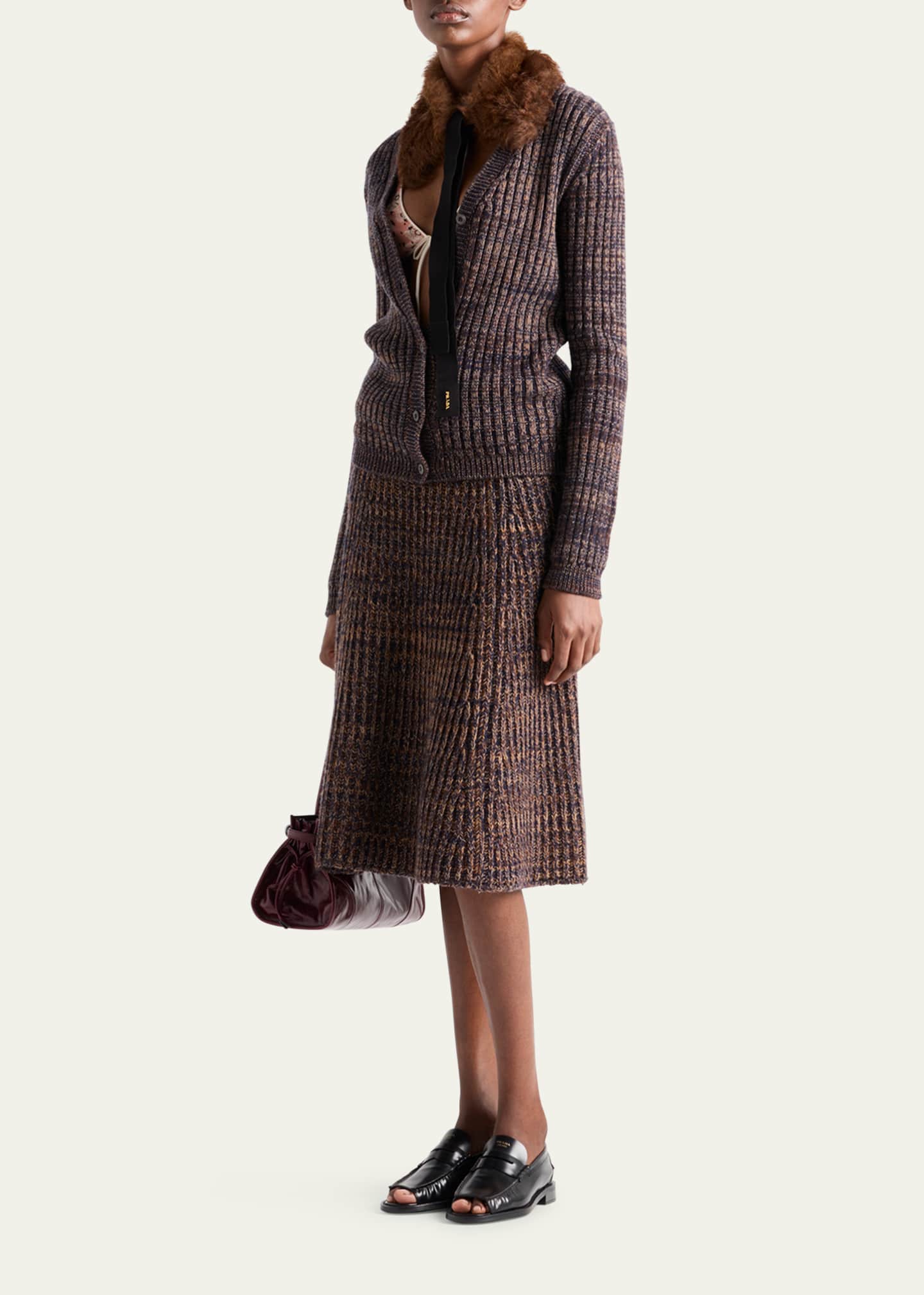 Prada Cashmere-Wool Mouline Midi Skirt Image 2 of 4