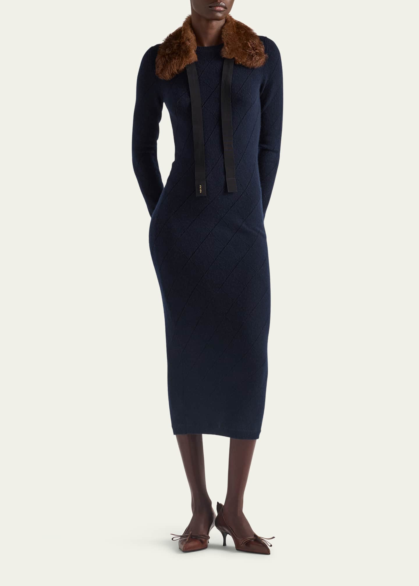 Prada Cashmere Pointelle Knit Long-Sleeve Midi Sweater Dress Image 2 of 4