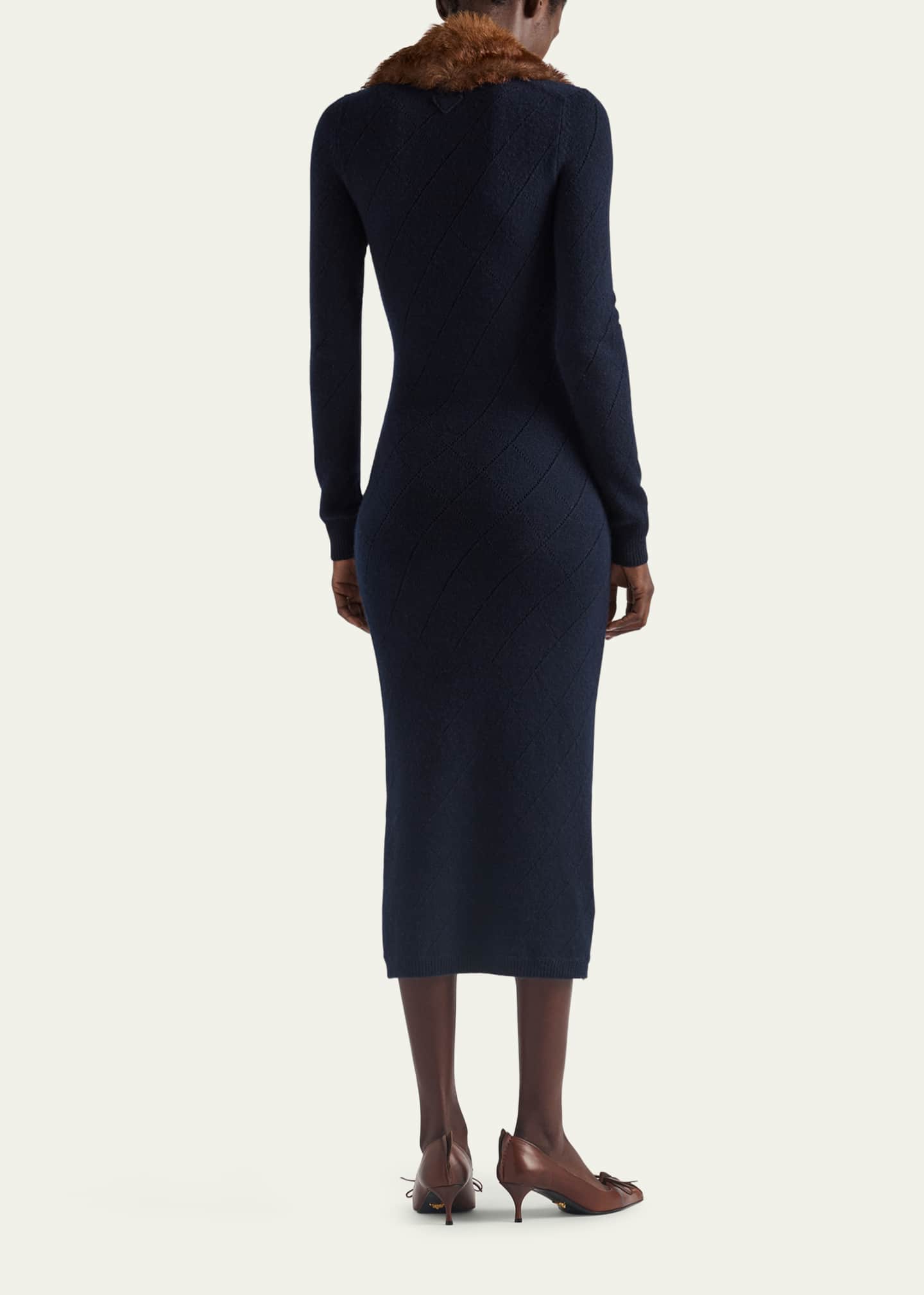 Prada Cashmere Pointelle Knit Long-Sleeve Midi Sweater Dress Image 3 of 4