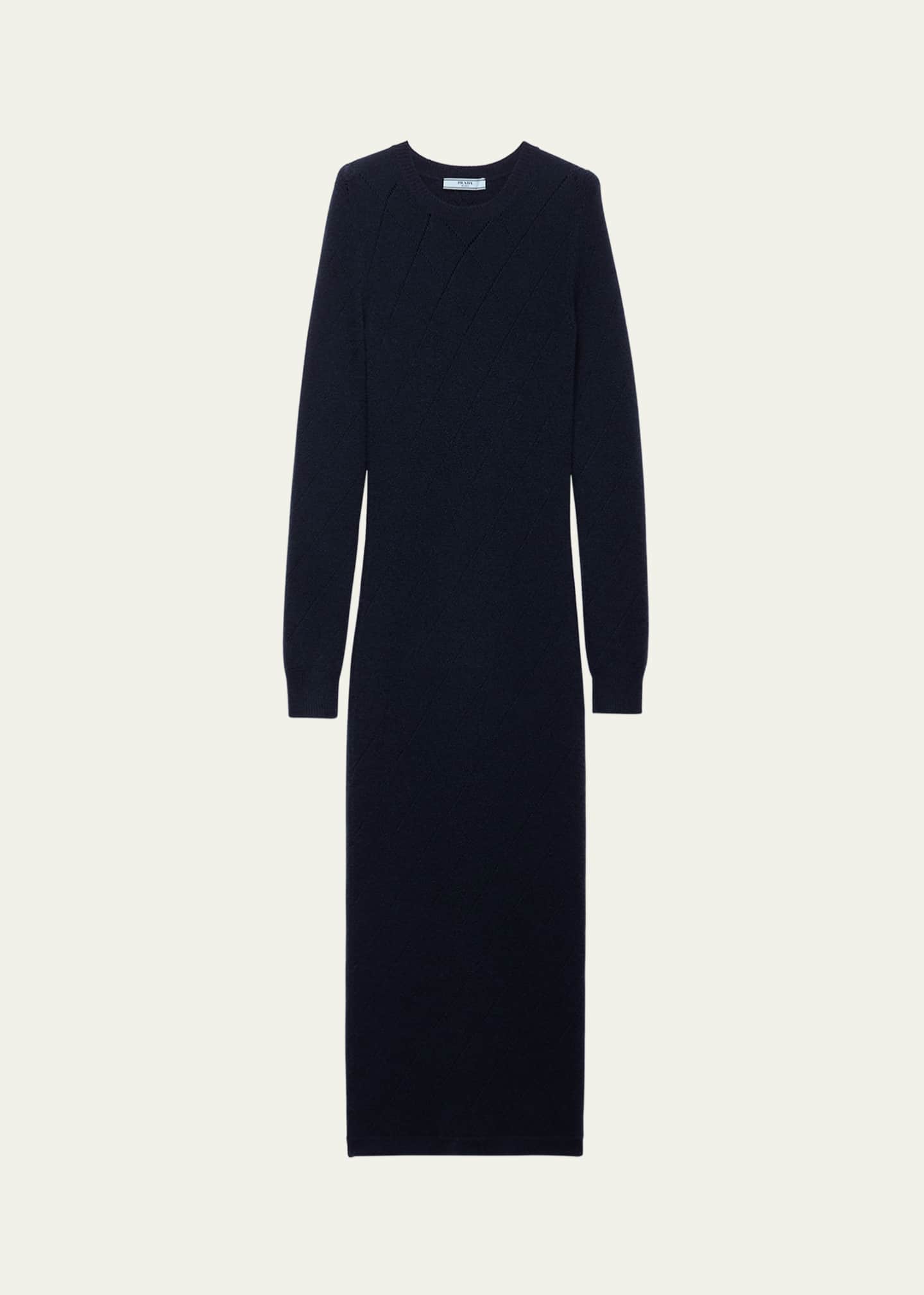 Prada Cashmere Pointelle Knit Long-Sleeve Midi Sweater Dress Image 1 of 4