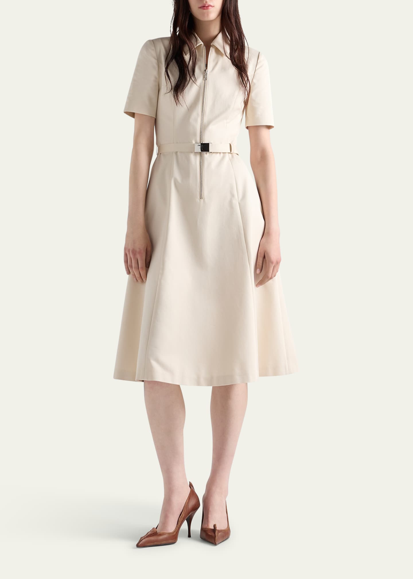 Prada Short-Sleeve Belted Chino Midi Dress - Bergdorf Goodman