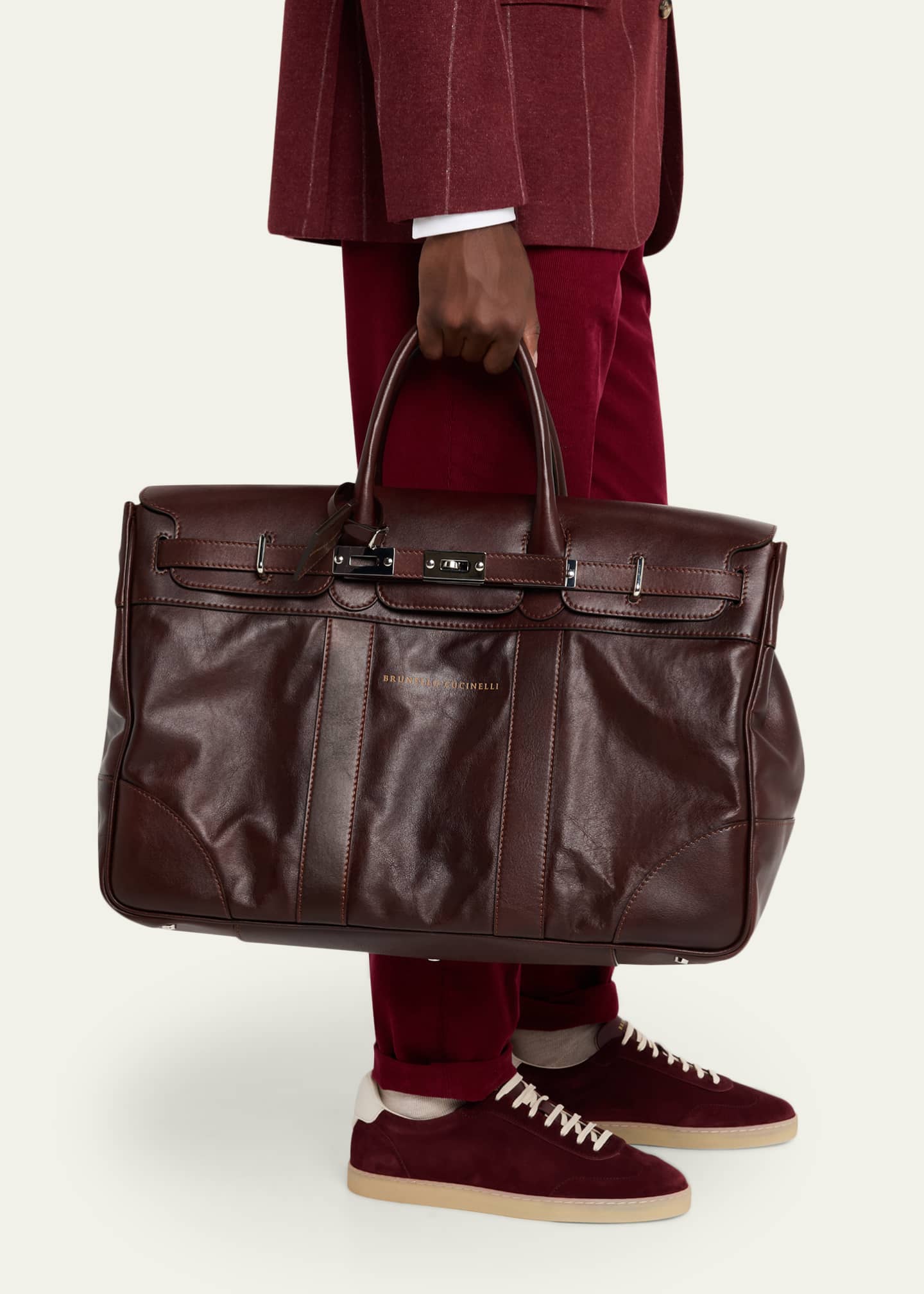 Brunello Cucinelli Men's Country Leather Clasp-Front Duffel Bag
