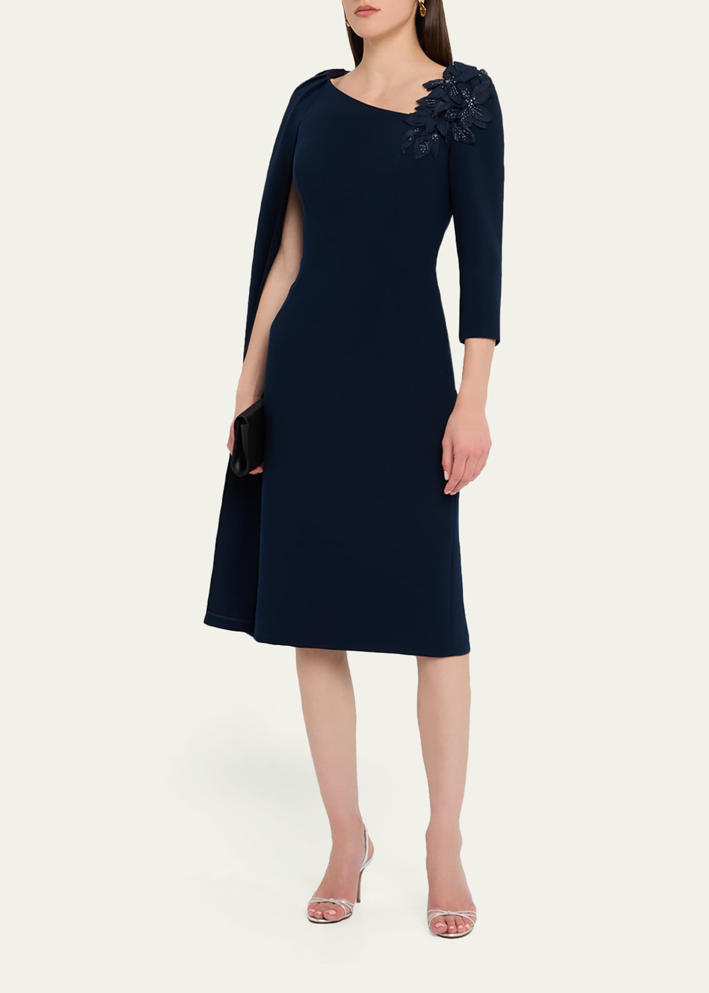 knee length dresses for ladies Black & white crepe midi dress with asymmetric ruffle detail – DESTREE