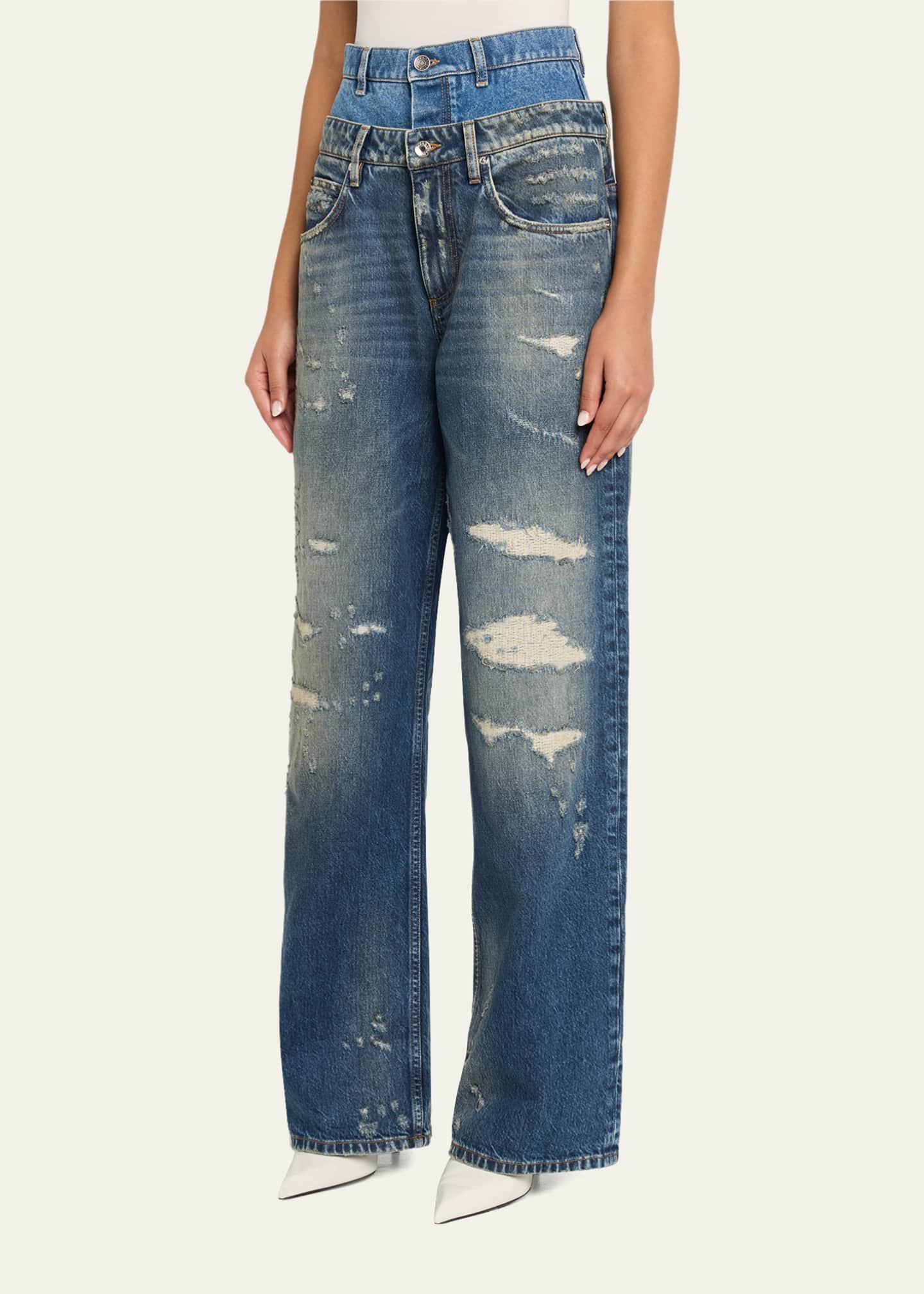 パンツ DOLCE&GABBANA distressed denim pants Dolce&Gabbana High-Rise Double Waistband Wide-Leg Distressed Jeans