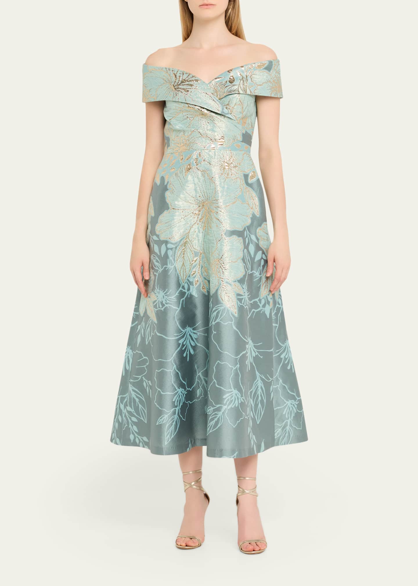 Rickie Freeman for Teri Jon Off-Shoulder Metallic Jacquard Midi Dress Image 2 of 5