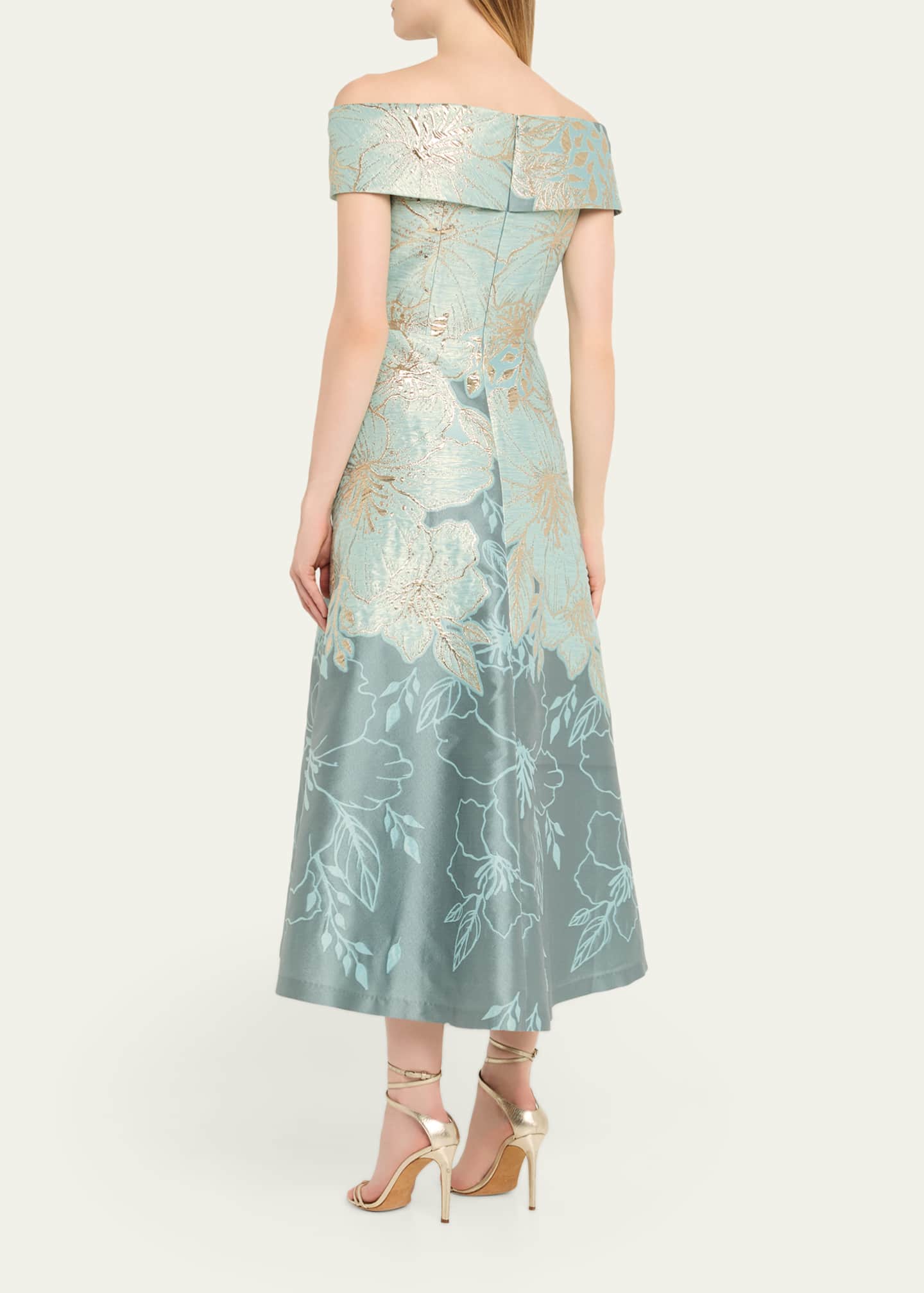 Rickie Freeman for Teri Jon Off-Shoulder Metallic Jacquard Midi Dress Image 3 of 5