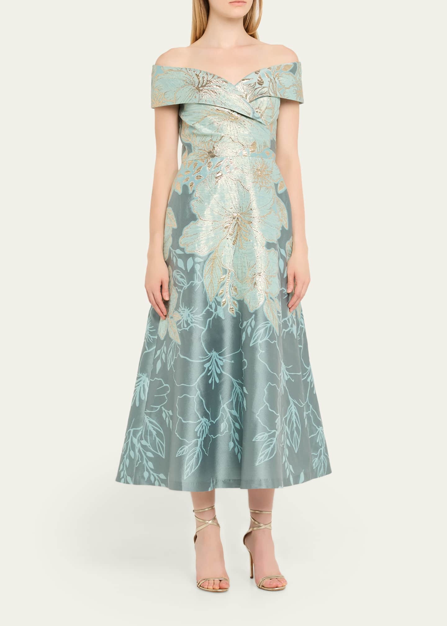 Rickie Freeman for Teri Jon Off-Shoulder Metallic Jacquard Midi Dress Image 4 of 5