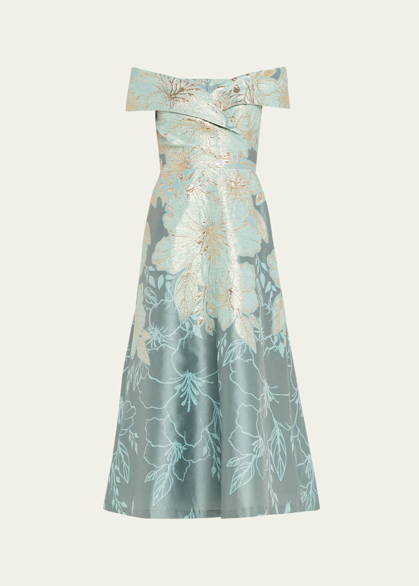 Rickie Freeman for Teri Jon Off-Shoulder Metallic Jacquard Midi Dress Image 1 of 5