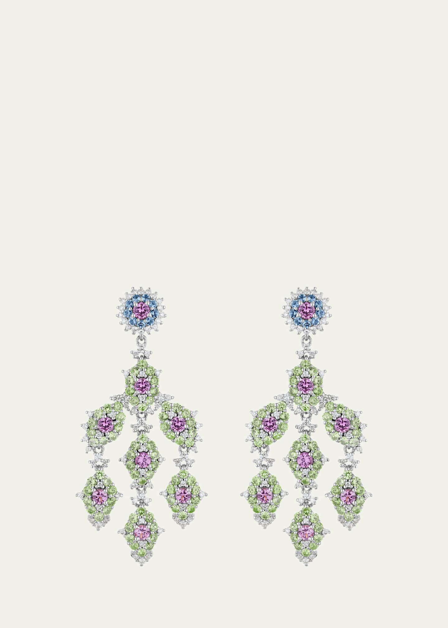 Paul Morelli 18K White Gold Pink Sapphire. Demantoid and Aquamarine Dangle Earrings with Diamonds