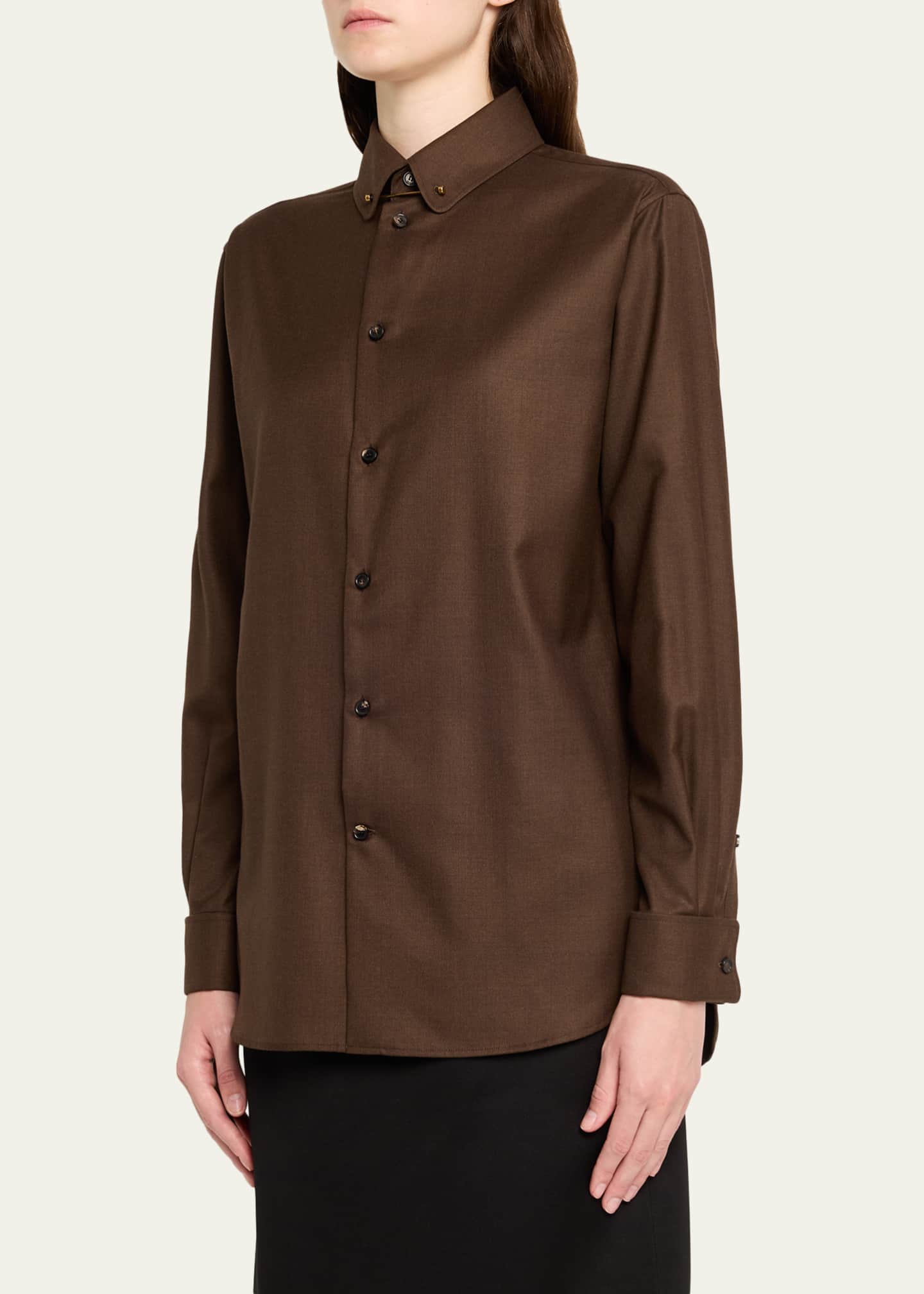 Loro Piana Thea Collar-Pin Wool Button-Down Shirt - Bergdorf Goodman