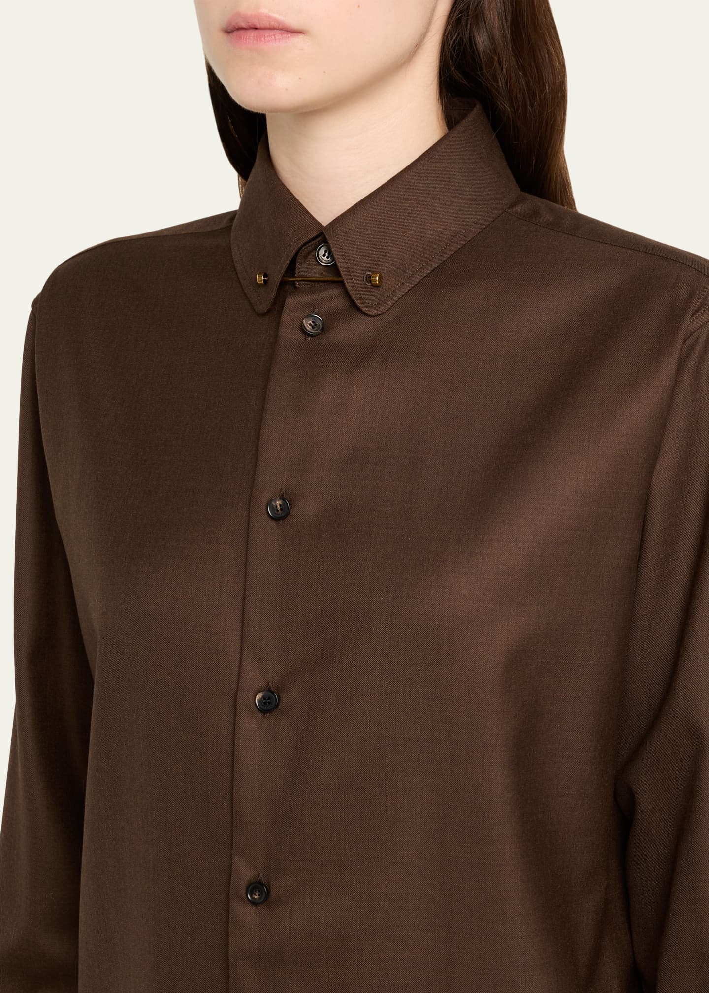 Loro Piana Thea Collar-Pin Wool Button-Down Shirt - Bergdorf Goodman