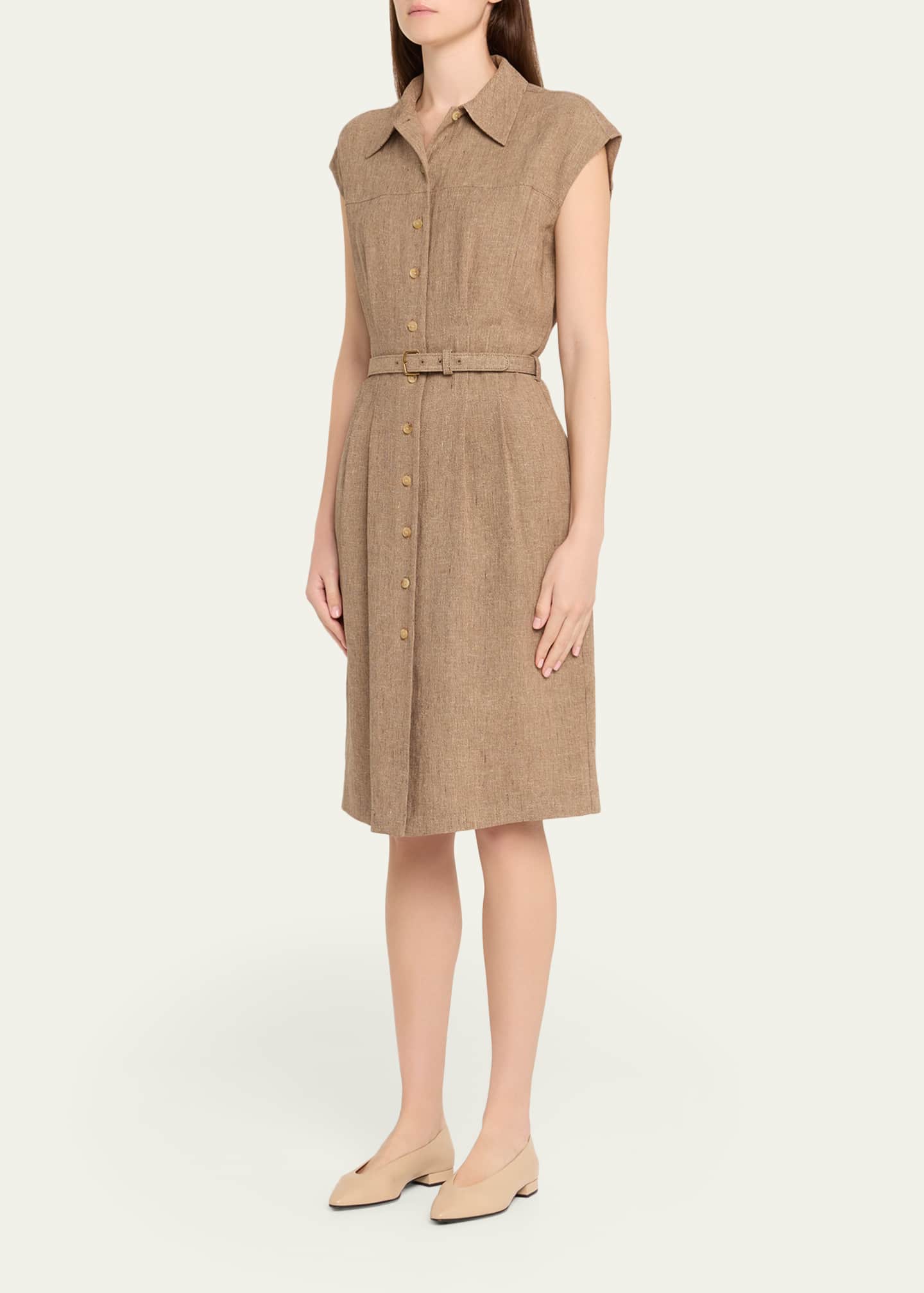 Loro Piana Maise Belted Woven Linen Shirtdress, Brown, Women's, 8, Casual & Work Dresses Shirtdresses Button-Down Shirt Dresses
