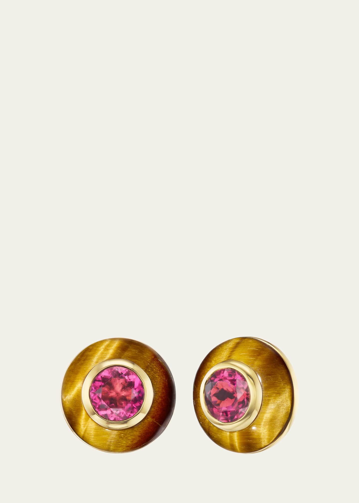 Emily P. Wheeler 18K Yellow Gold Button Stud Earrings with Tourmaline and Tiger's Eye Image 1 of 2