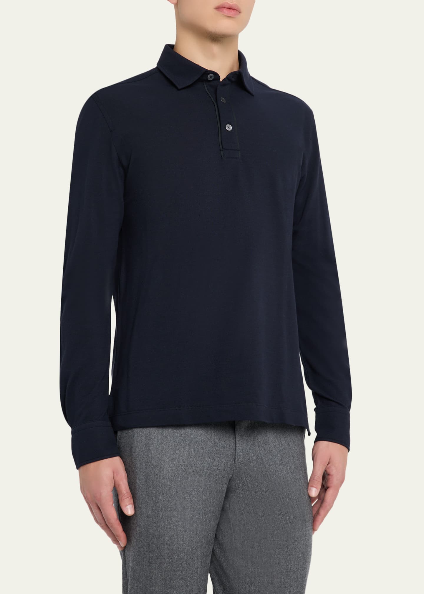 ZEGNA Men's Leather-Trim Cotton Long-Sleeve Polo Shirt - Bergdorf