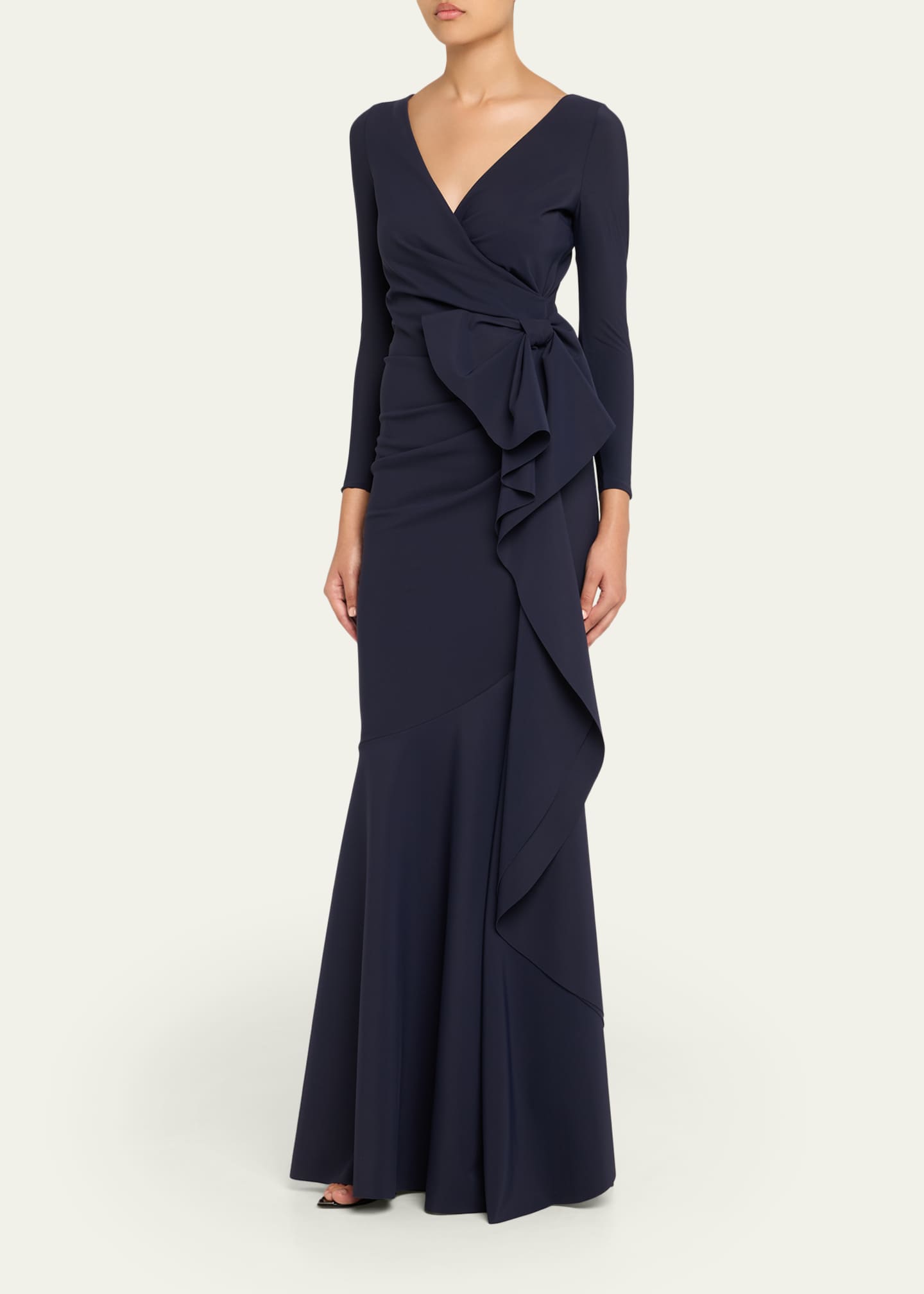 Chiara Boni La Petite Robe Maco Bow-Draped Jersey Gown, Midnight, Women's, 2, Evening Formal Gala Gowns Mother of The Bride Groom Jersey Gowns
