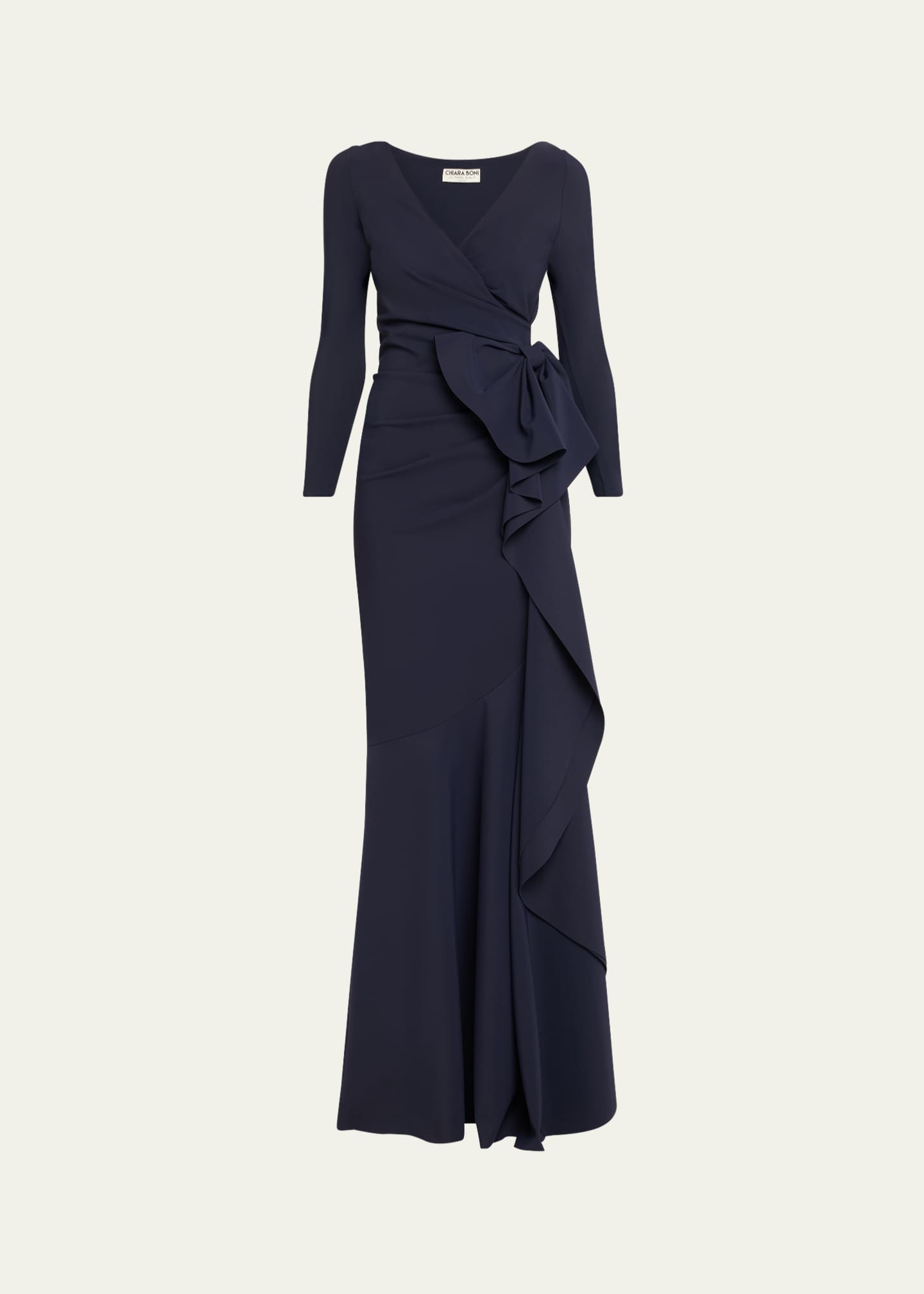 Chiara Boni La Petite Robe Maco Bow-Draped Jersey Gown, Midnight, Women's, 2, Evening Formal Gala Gowns Mother of the Bride Groom Jersey Gowns