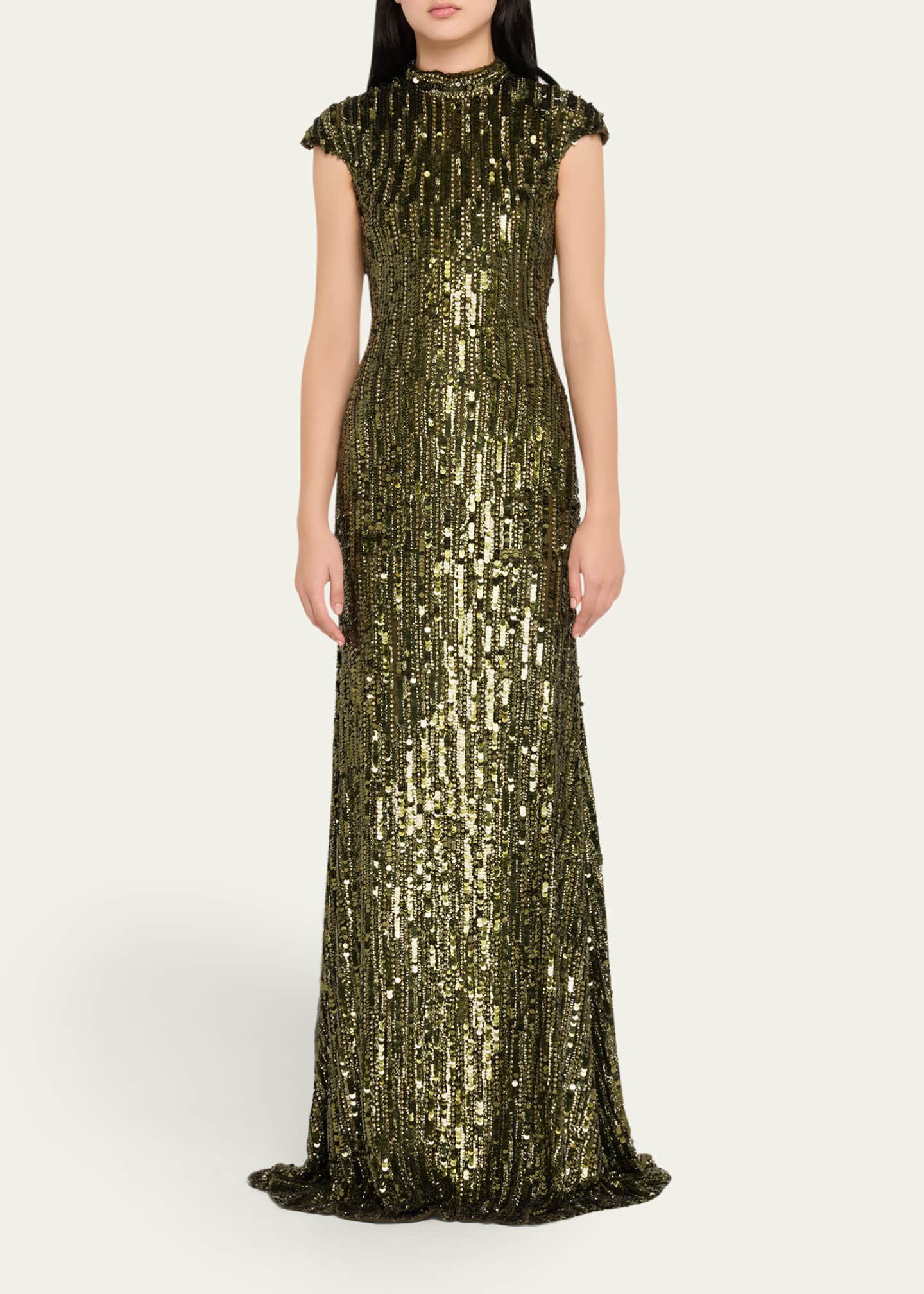 Naeem Khan Mock-Neck Cap-Sleeve Sequin Gown Image 2 of 5
