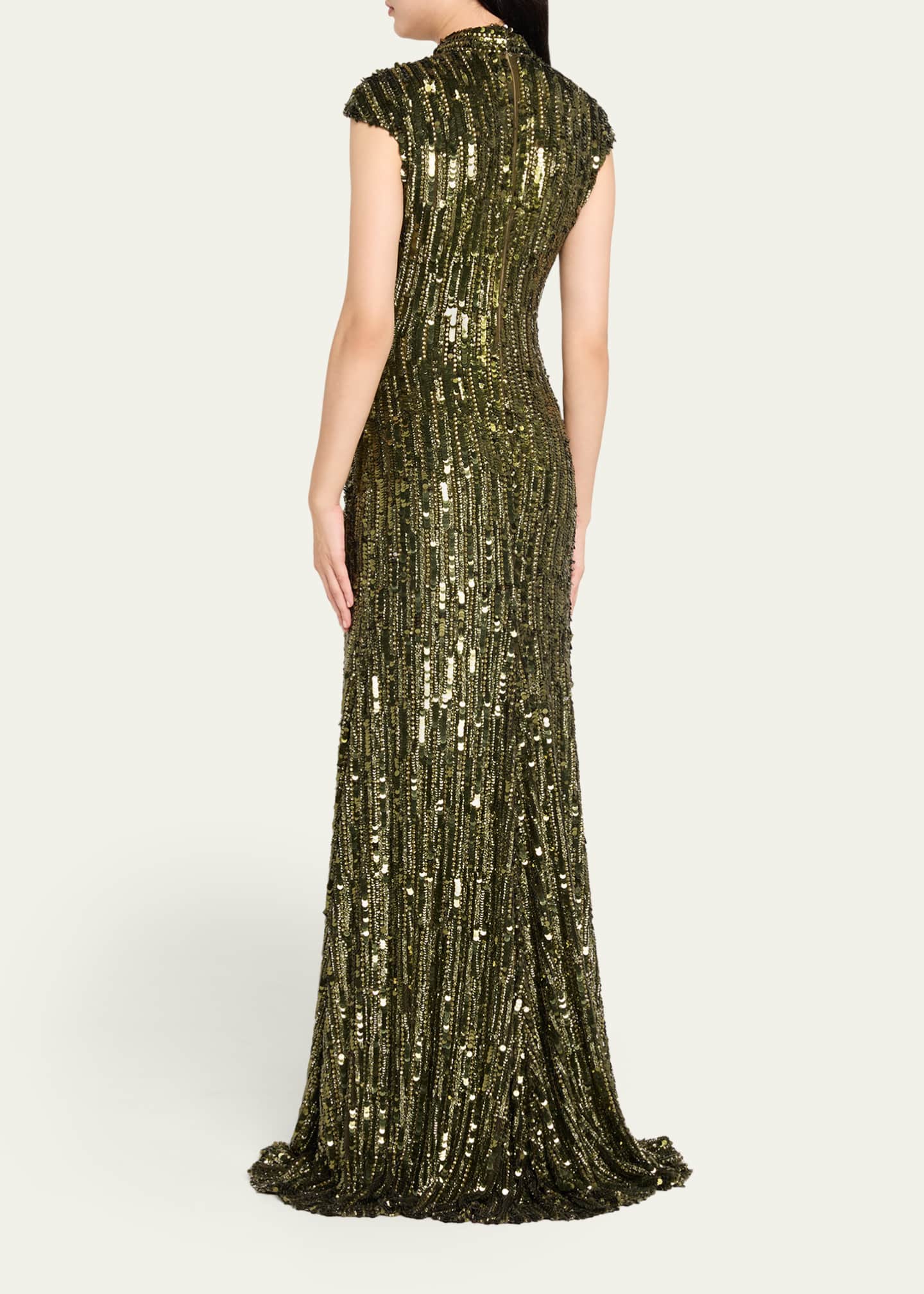 Naeem Khan Mock-Neck Cap-Sleeve Sequin Gown Image 3 of 5