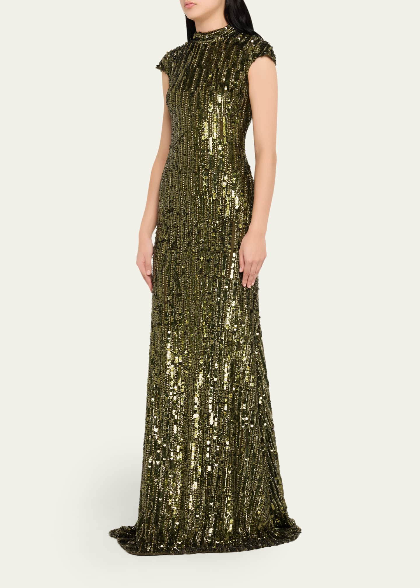 Naeem Khan Mock-Neck Cap-Sleeve Sequin Gown Image 4 of 5