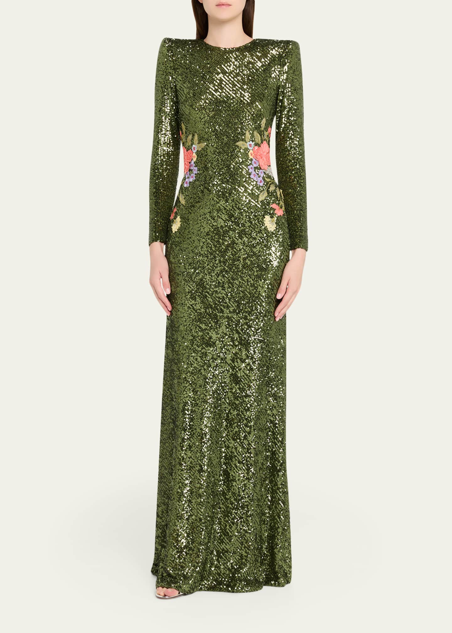 Strong-Shoulder Sequined Long-Sleeve Gown
