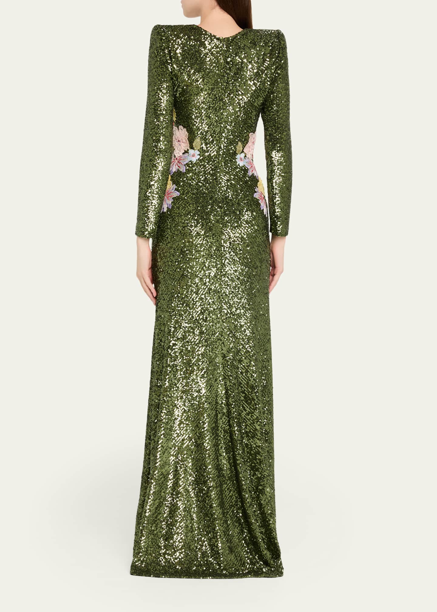 Strong-Shoulder Sequined Long-Sleeve Gown