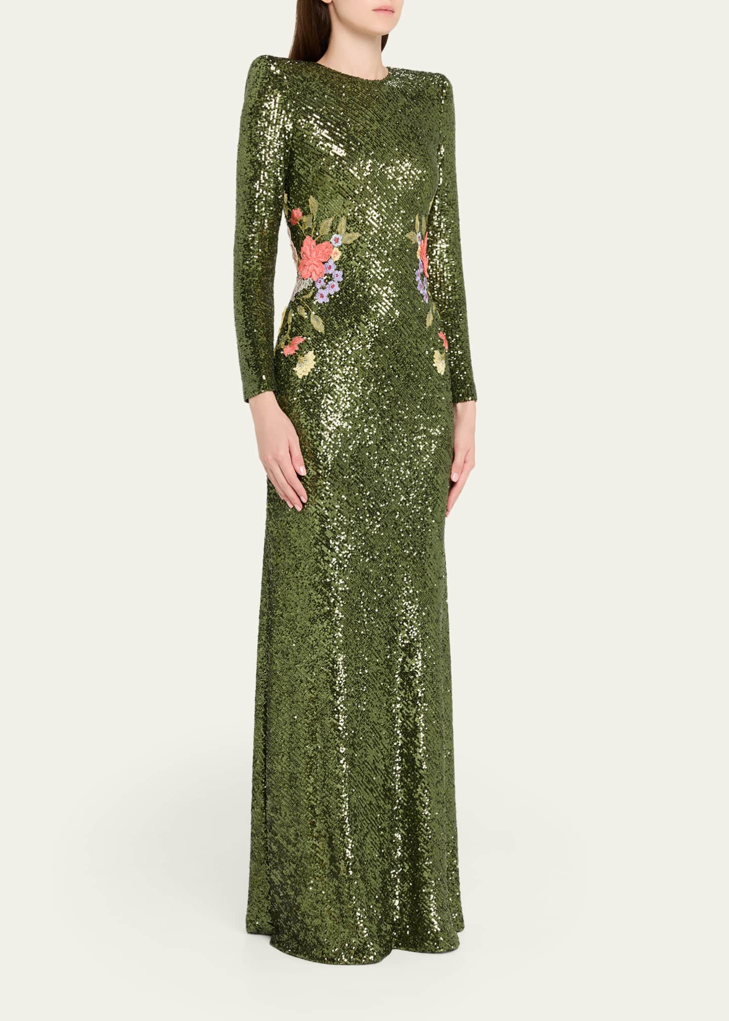 Strong-Shoulder Sequined Long-Sleeve Gown