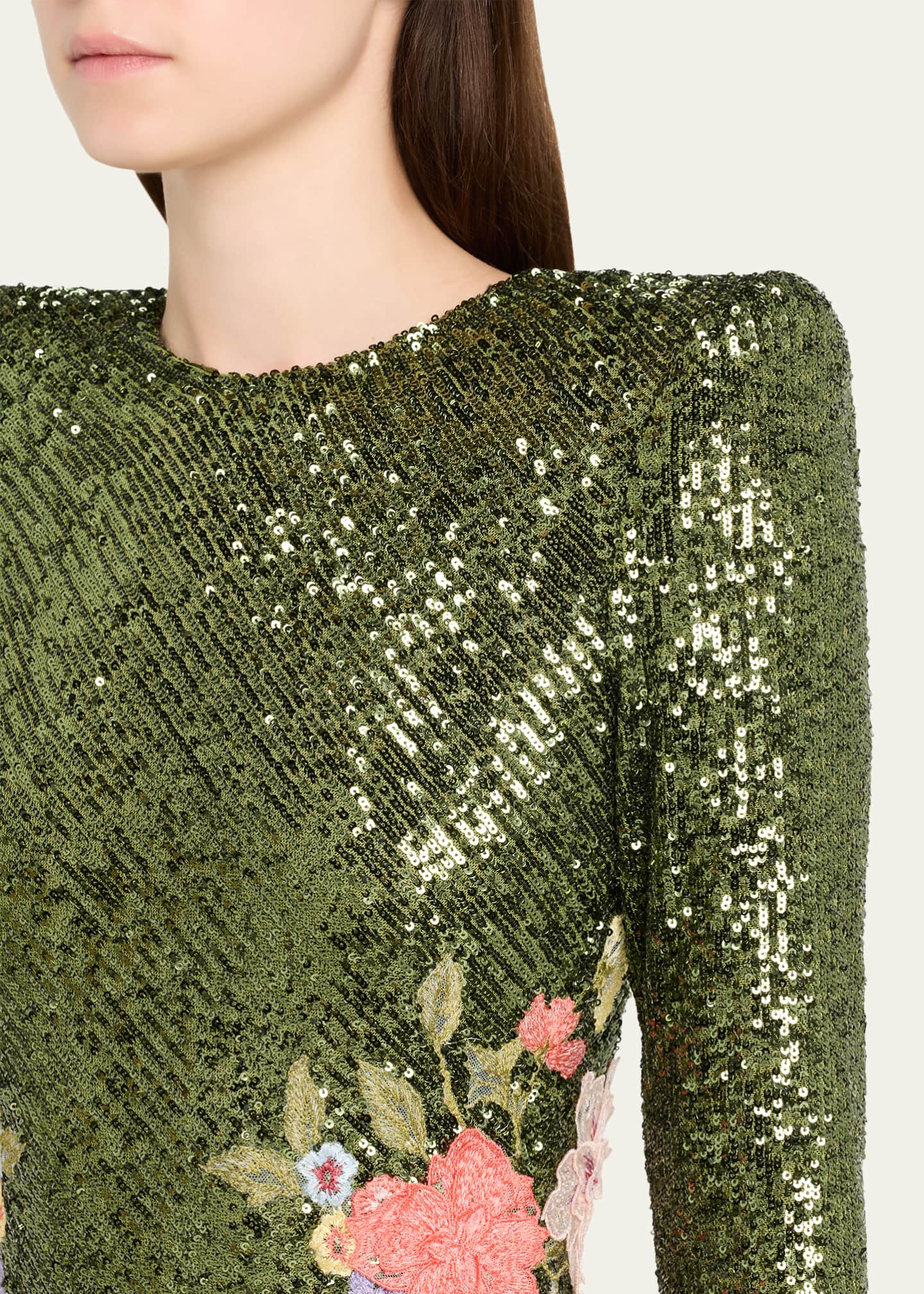 Strong-Shoulder Sequined Long-Sleeve Gown