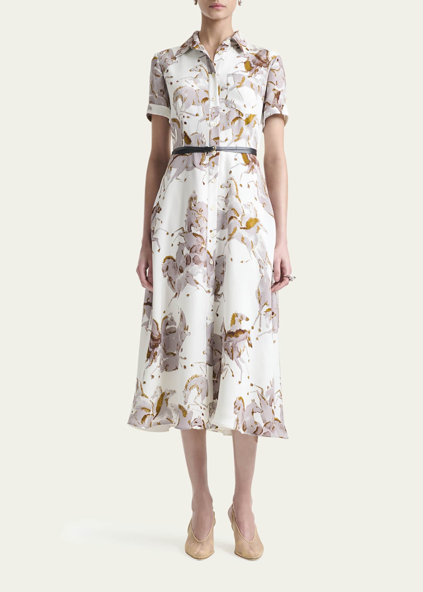Altuzarra Kiera Horse-Print Silk Short-Sleeve Midi Shirtdress Image 2 of 5