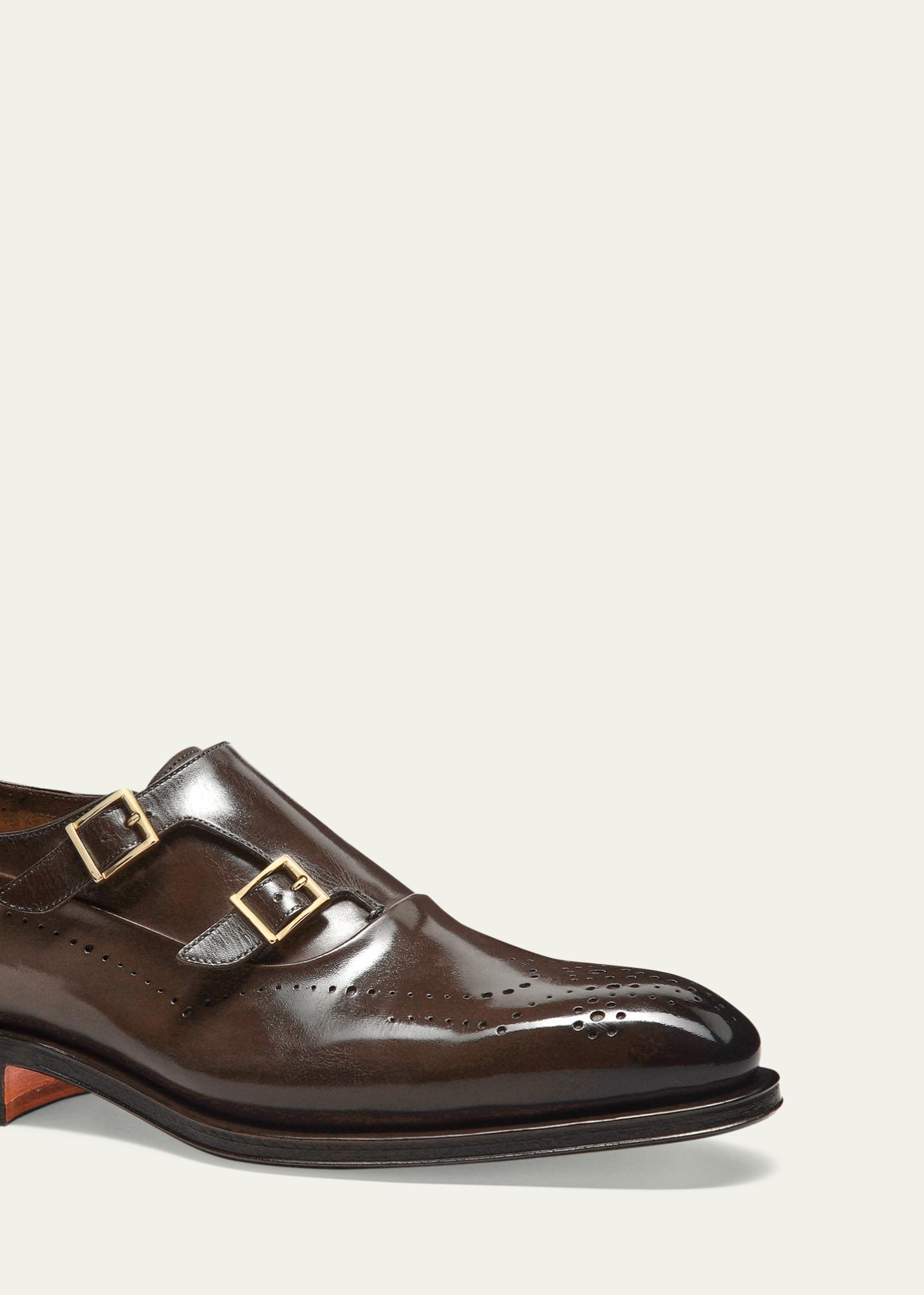 Chaussures Homme Santoni Marron Foncé - Cuir Poli Main, Strap Monk, Semelle Goodyear