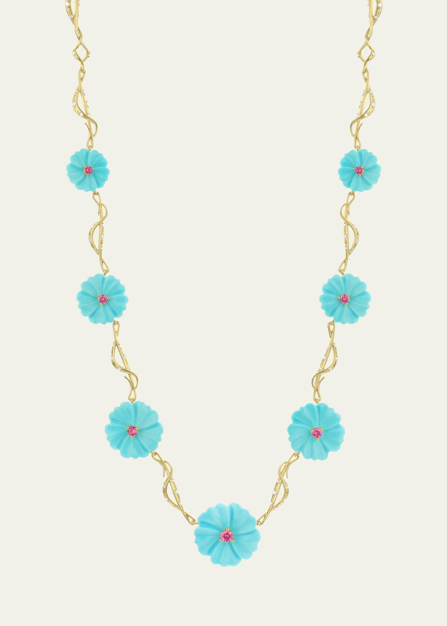 Paul Morelli 18K Carved Turquoise Flower Link Necklace with Diamonds and Rubies