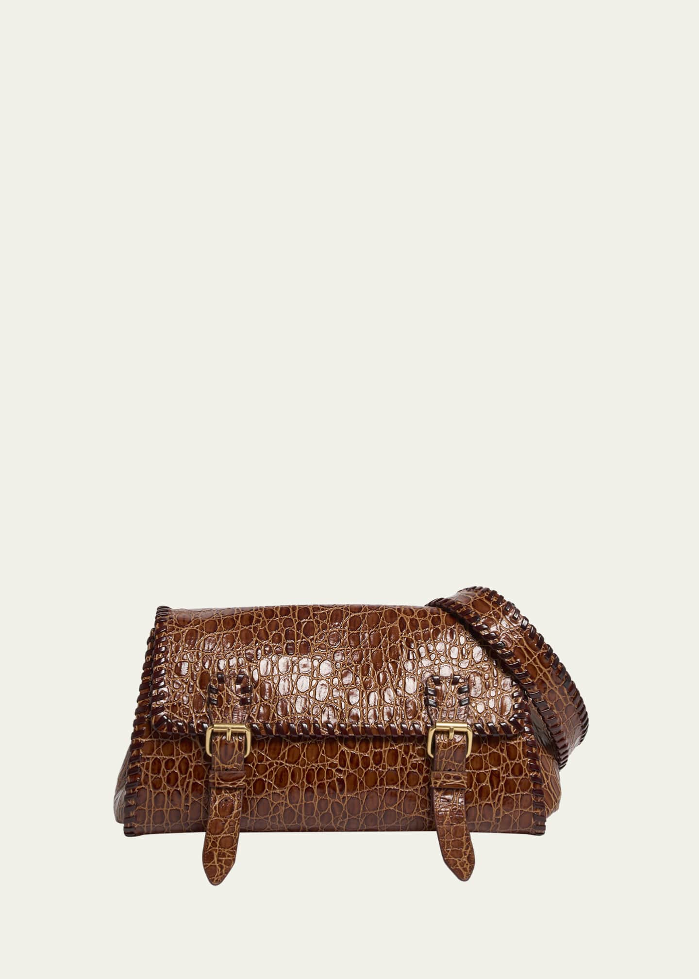 Dries Van Noten Medium Double Buckle Croc-Embossed Messenger Bag Image 1 of 5