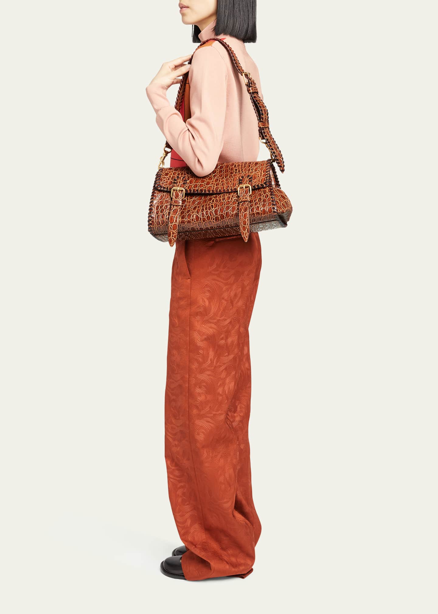 Dries Van Noten Medium Double Buckle Croc-Embossed Messenger Bag Image 4 of 5