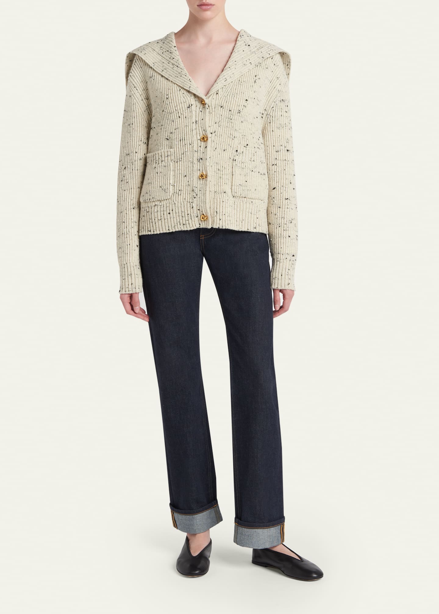 Bottega Veneta Speckled Rib Sailor-Collar Cardigan - Bergdorf Goodman