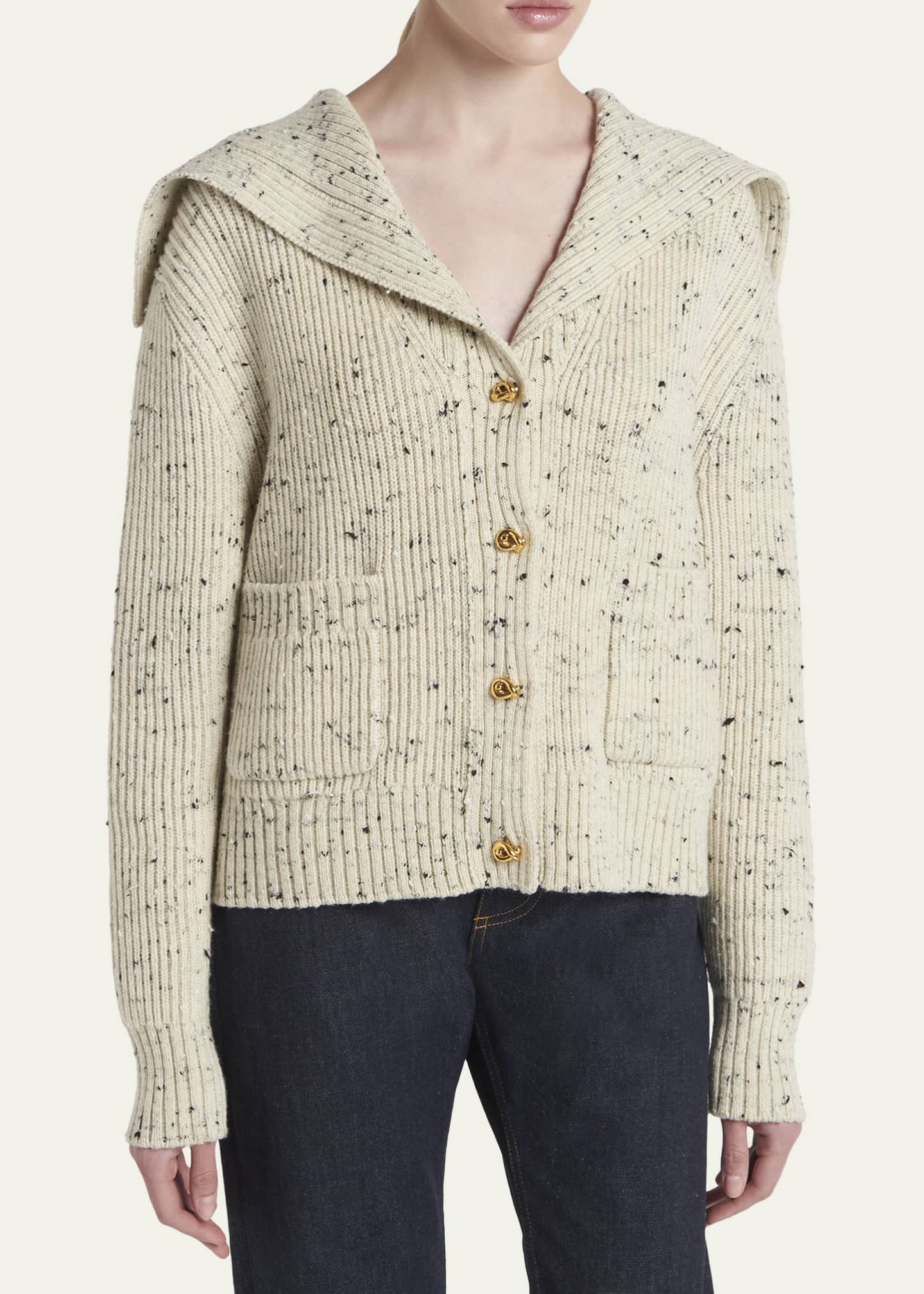 Bottega Veneta Speckled Rib Sailor-Collar Cardigan - Bergdorf Goodman