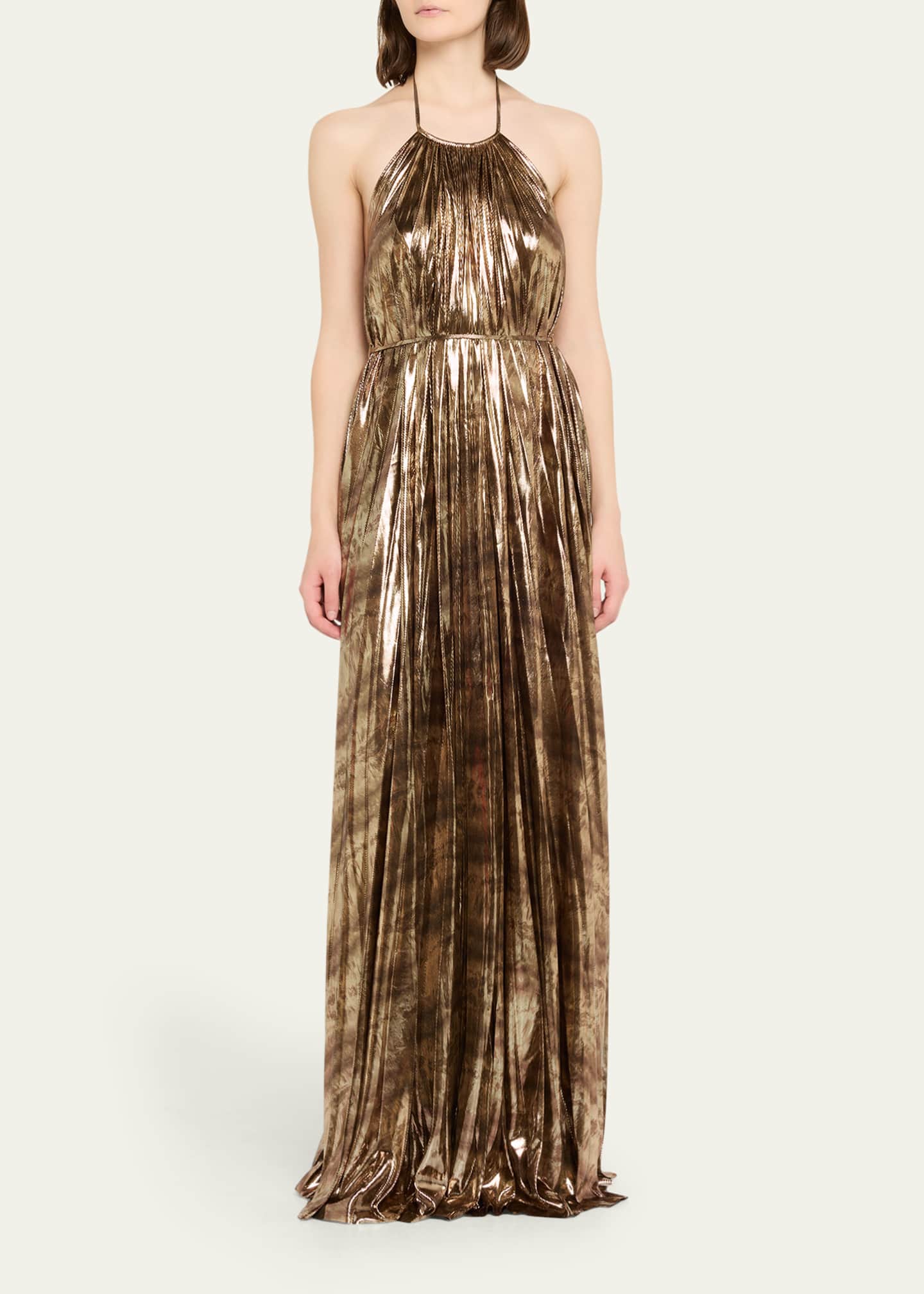 Halston Women's Maxine Metallic Pliss Halter Gown - Copper - Size 0