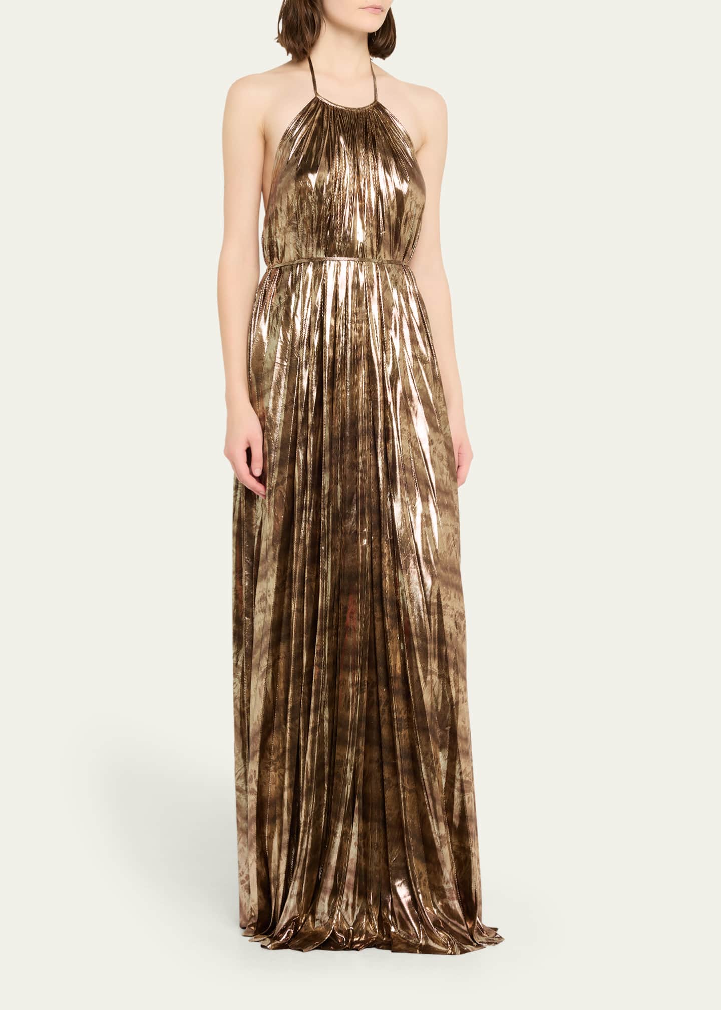 Halston Women's Maxine Metallic Pliss Halter Gown - Copper - Size 0